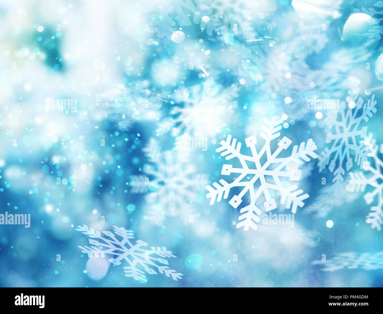 Abstrakte glühende Weihnachten blauer Hintergrund mit Schneeflocken Stockfoto