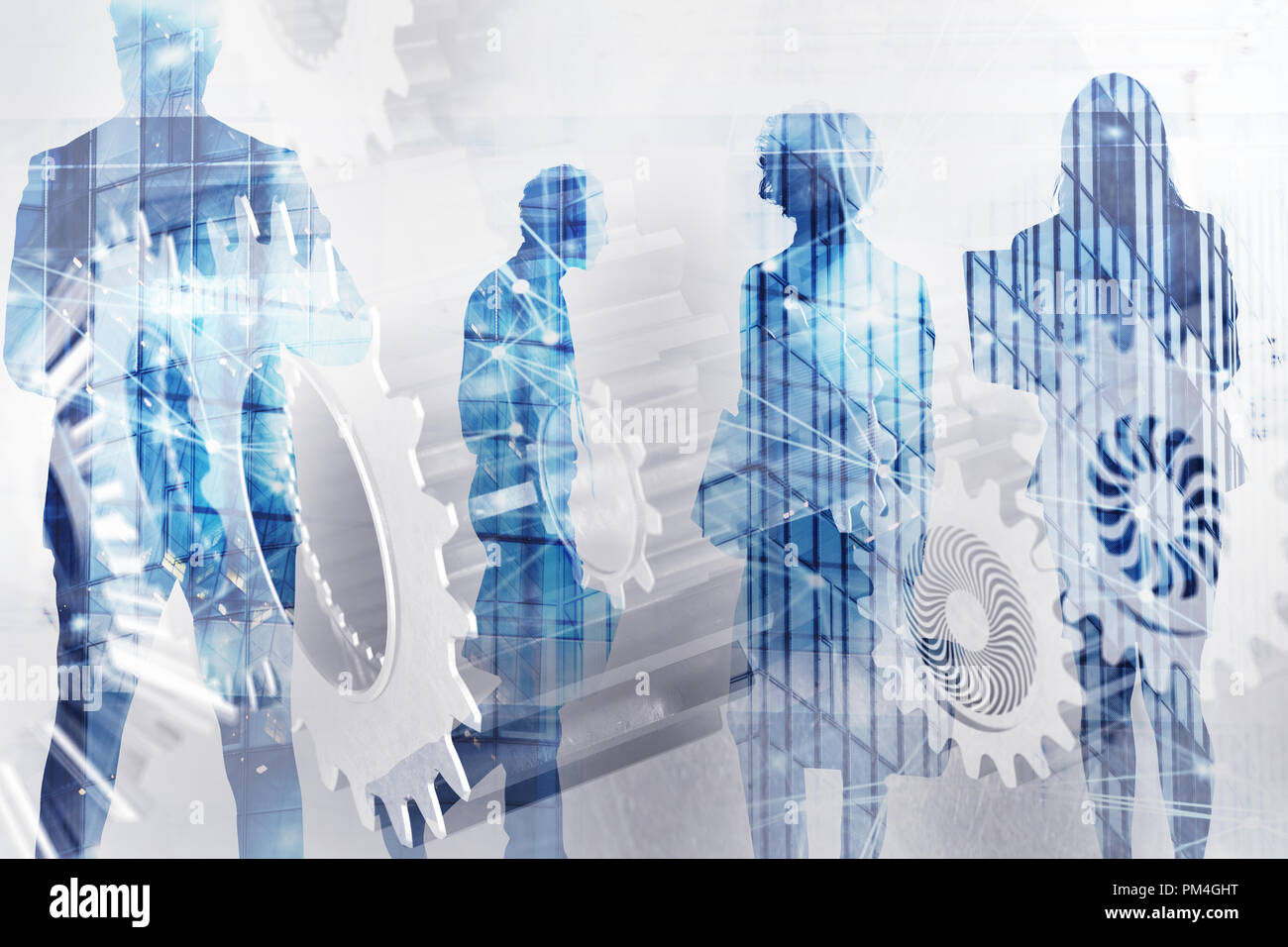 Business Team mit Zahnrädern. Teamarbeit, Partnerschaft und Integration Konzept mit Netzwerk Wirkung. Double Exposure Stockfoto