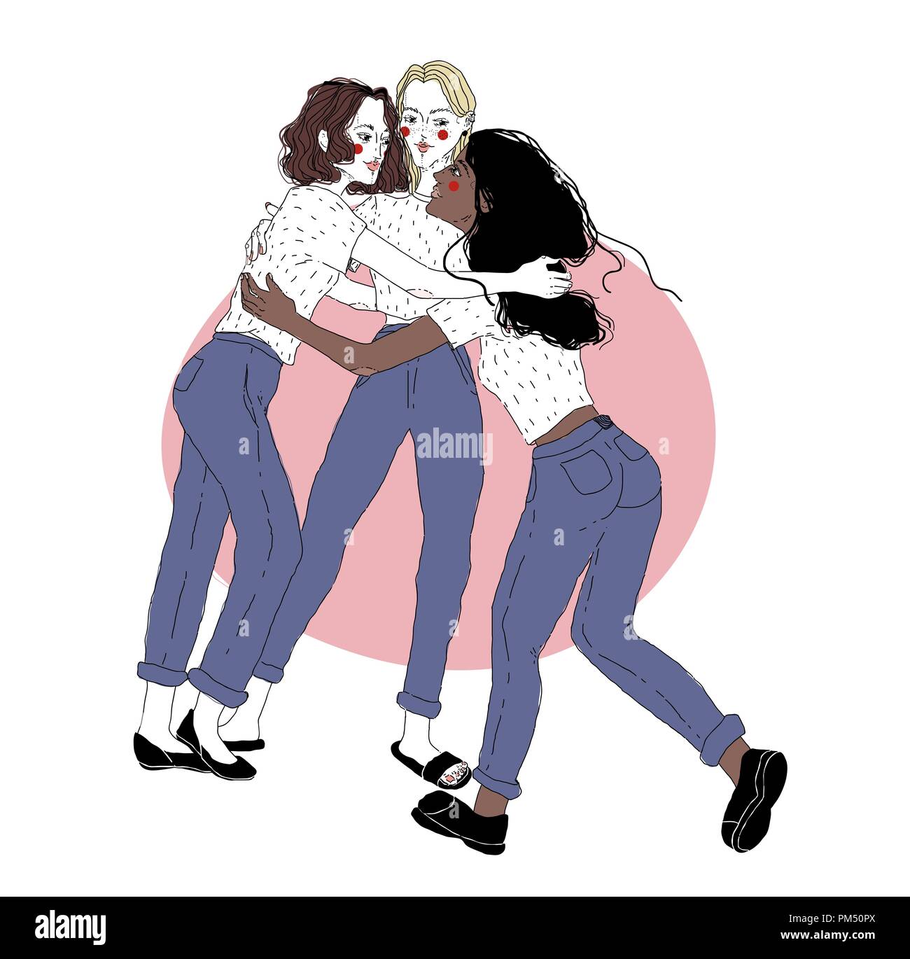 Multirassischen junge Mädchen freundliche Begegnung. Weibliche Freunde umarmen. Drei kuscheln Frauen auf weißem Hintergrund. Mode hand gezeichnete Illustration für Poster, Banner. Stock Vektor