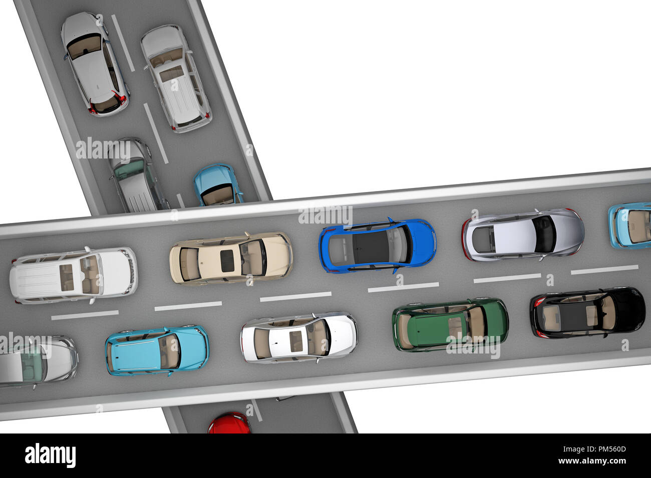 Hintergrund der Verkehr der Autos auf die Fahrbahn von oben ansehen. 3D-Rendering Stockfoto