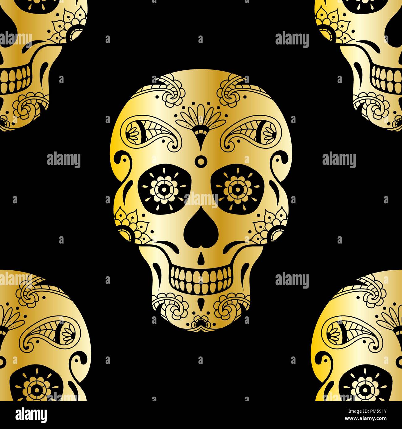 Vektor nahtlose Muster der golden Sugar Skull mit Doodle florale Elemente auf schwarzem Hintergrund. Hintergrund für die mexikanischen Tag der Toten Stock Vektor
