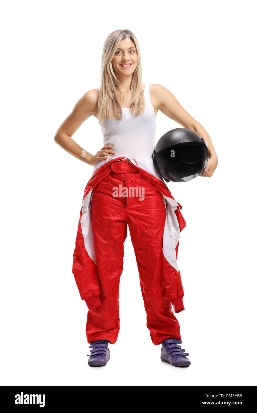 Frau Racer Holding einen Helm auf weißem Hintergrund Stockfoto