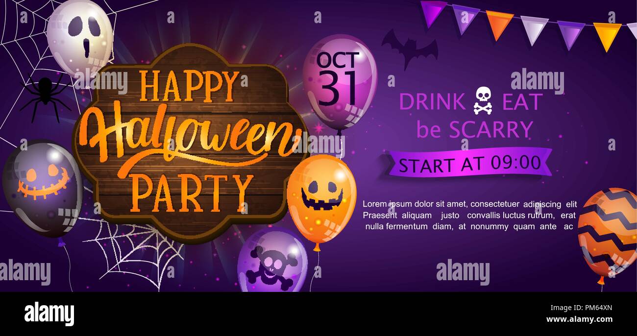 Banner für Happy Halloween Party mit Schriftzug auf Holzbrett und Monster Luftballons Willkommen. Einladung und Grußkarten mit Spinne und Fledermaus für Web, Poster, Plakat, Flyer. Vector Illustration. Stock Vektor