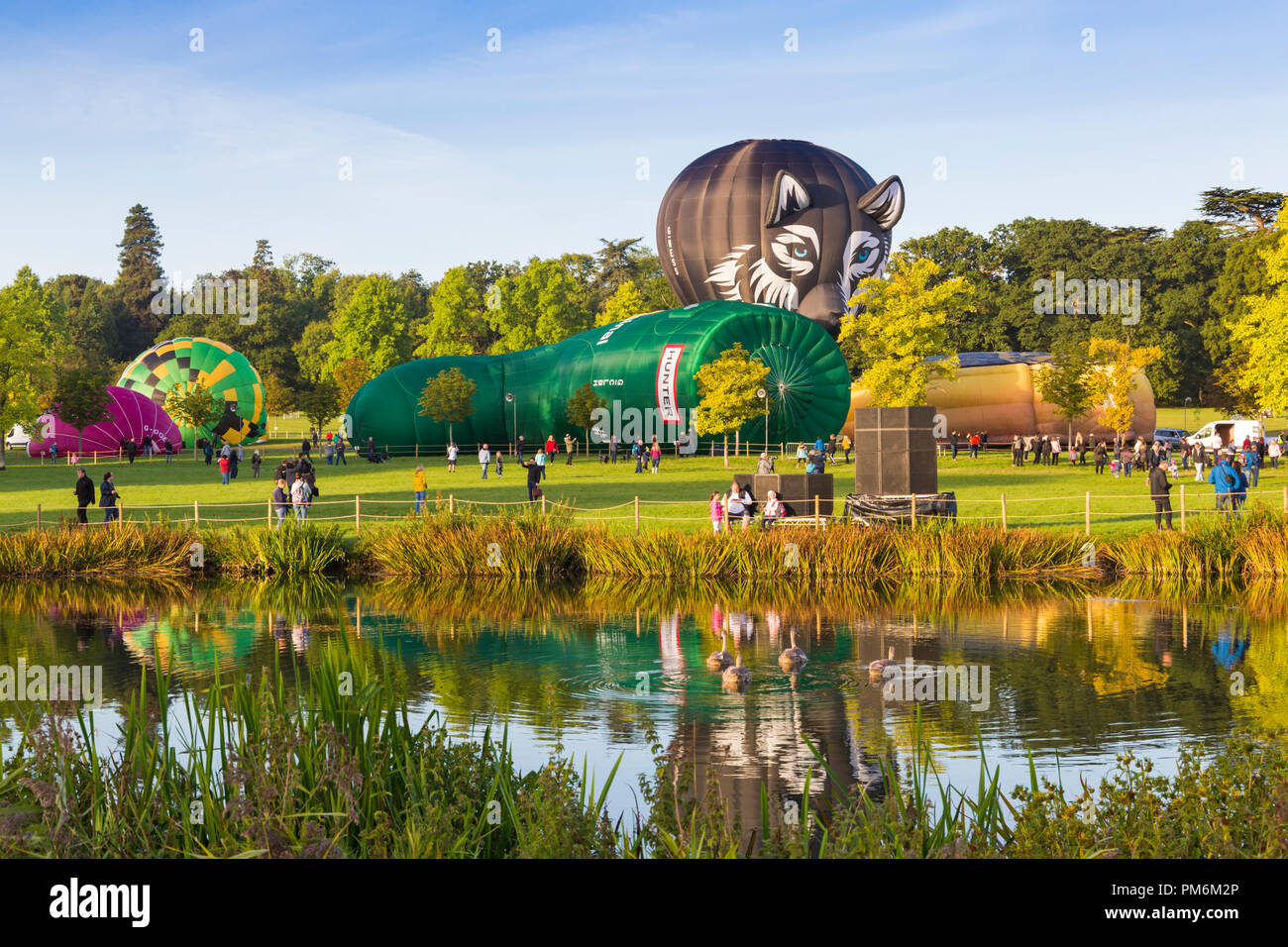 Heißluftballons die Vorbereitung für die morgen Masse Aufstieg in Longleat Sky Safari, Wiltshire, UK im September Stockfoto