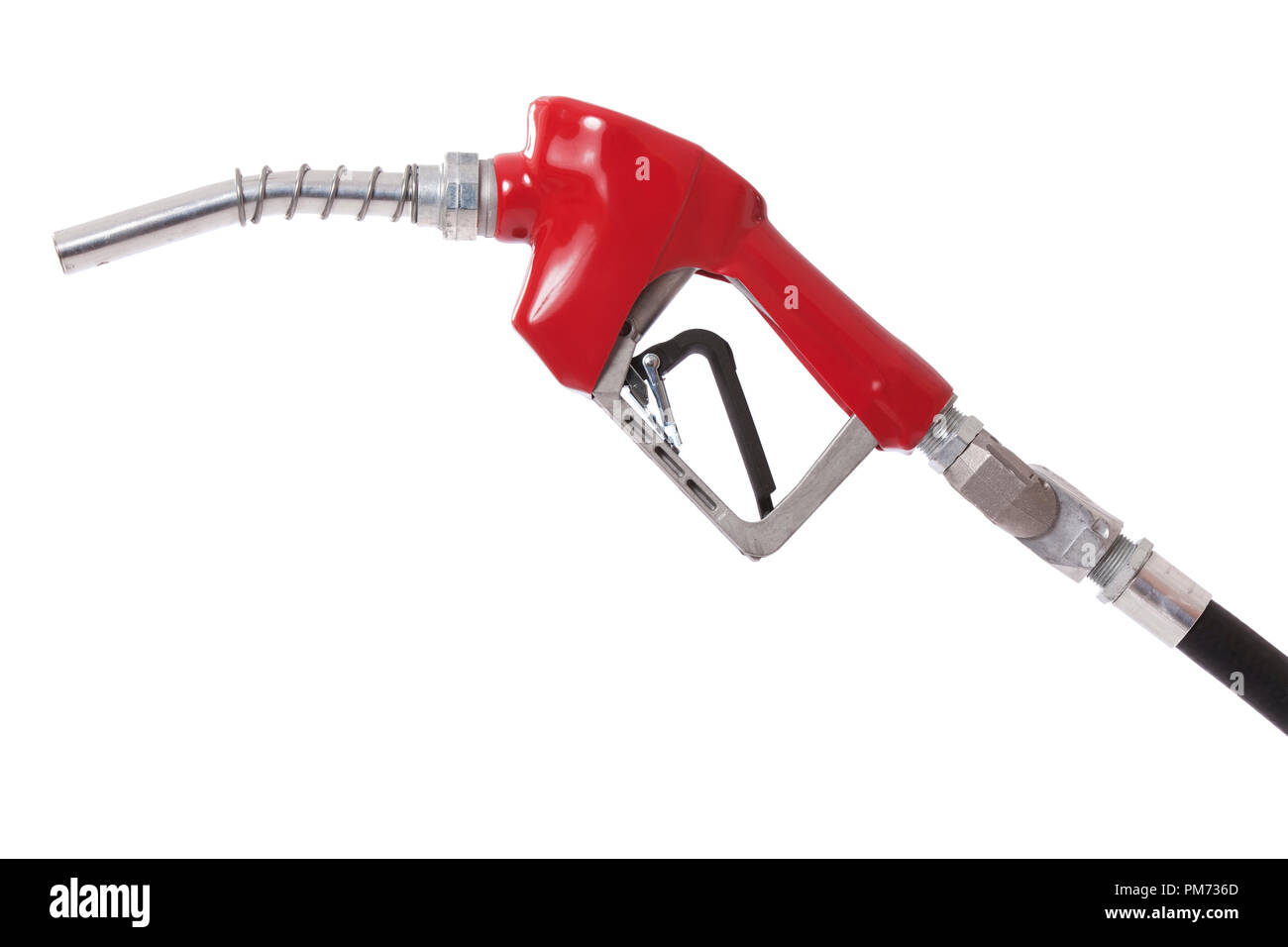 Ein Benzin pumpe Düse mit einem roten Vinyl bedeckt Griff weiß isoliert Stockfoto