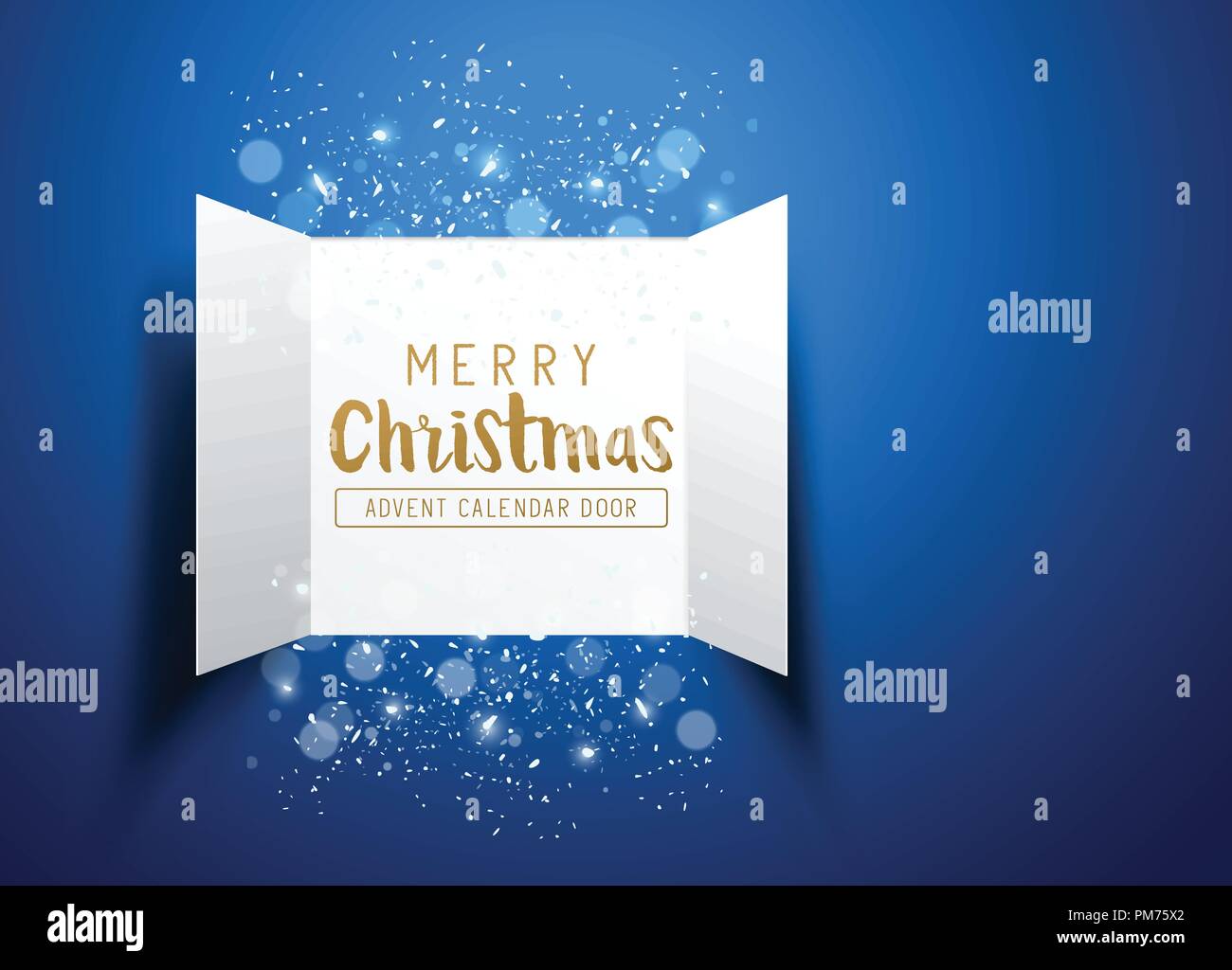Weihnachten Adventskalender Türen öffnen mit Schneeflocken und Glitter auf blauem Hintergrund. Vector Illustration. Stock Vektor