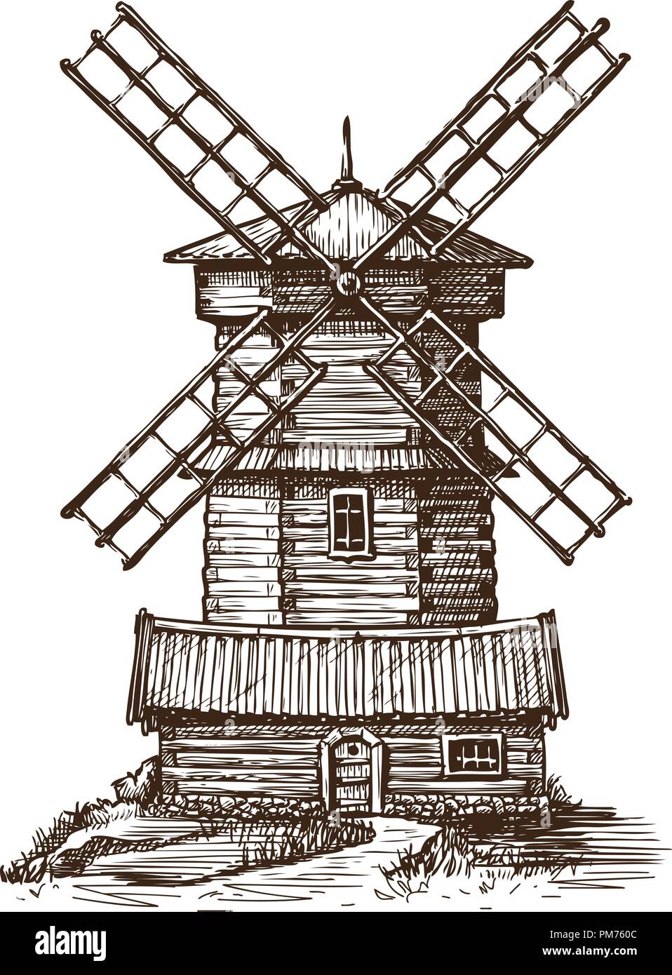 Windmühle, Holz- alte Mühle Skizze. Vintage Vector Illustration Stock Vektor