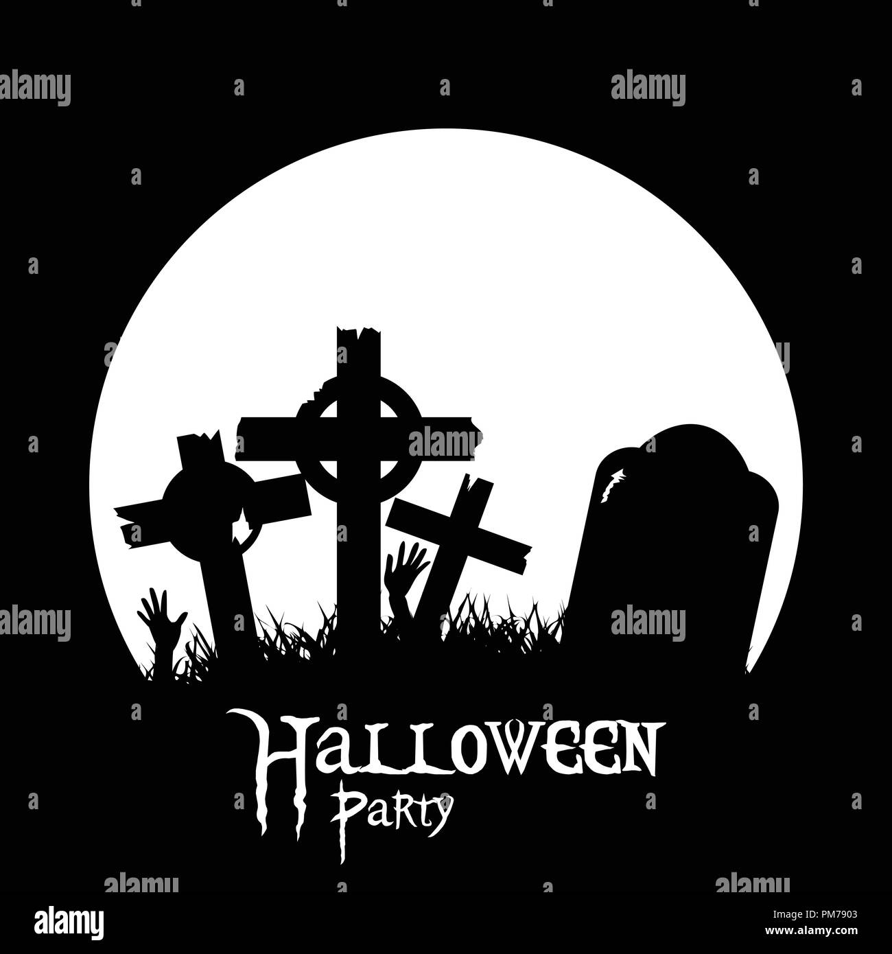 Halloween Silhouette Hintergrund mit Friedhof Kreuze Zombie Hände und Dekorative Text Stock Vektor