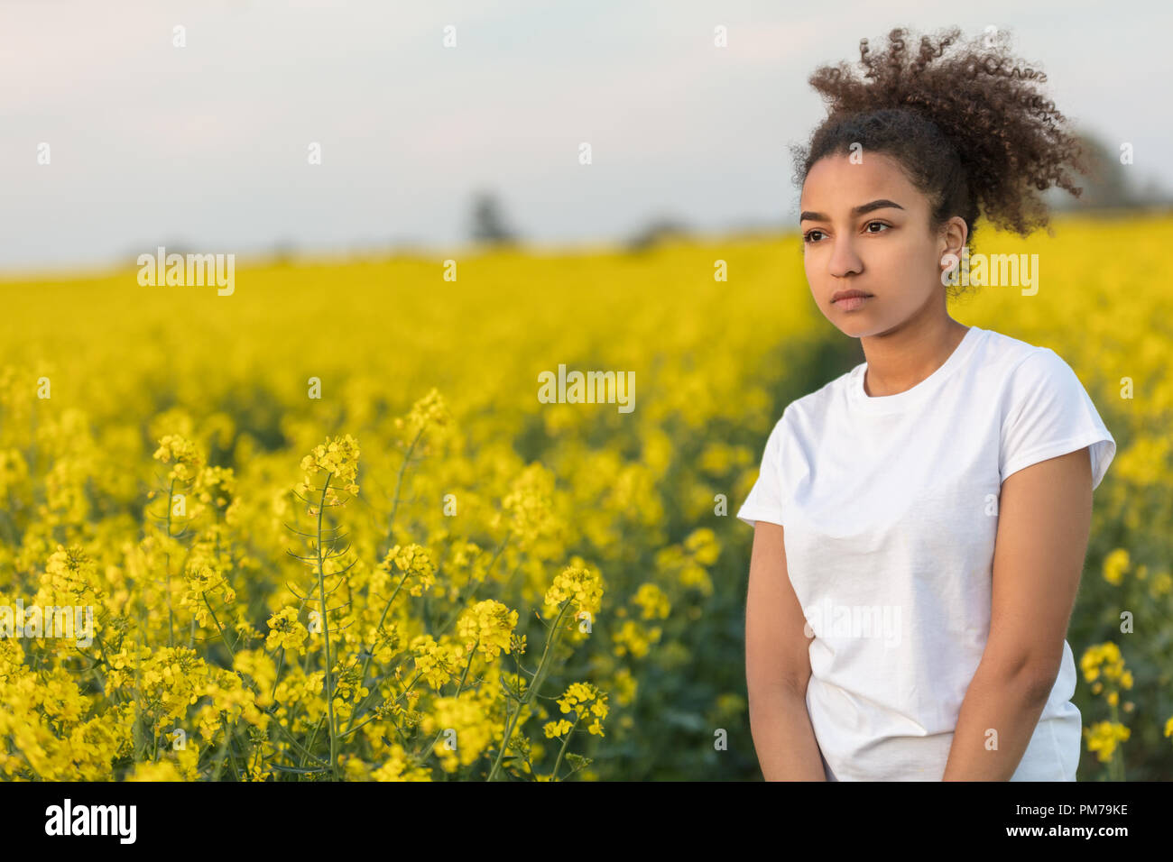Schönen gemischten Rennen African American Girl Teenager weibliche junge Frau traurig, deprimiert oder am Ende eines Pfad nachdenklich in einem Feld von gelben Blumen Stockfoto