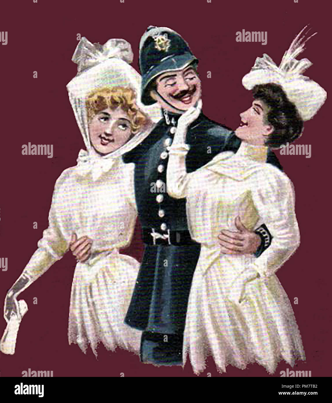 Suffragetten, die versuchen, ihre Weiblichkeit zu verwenden, um zu vermeiden, dass sie von einem Londoner "Bobby" (Polizist) - aus einem alten comic Postkarte der Zeit verhaftet Stockfoto