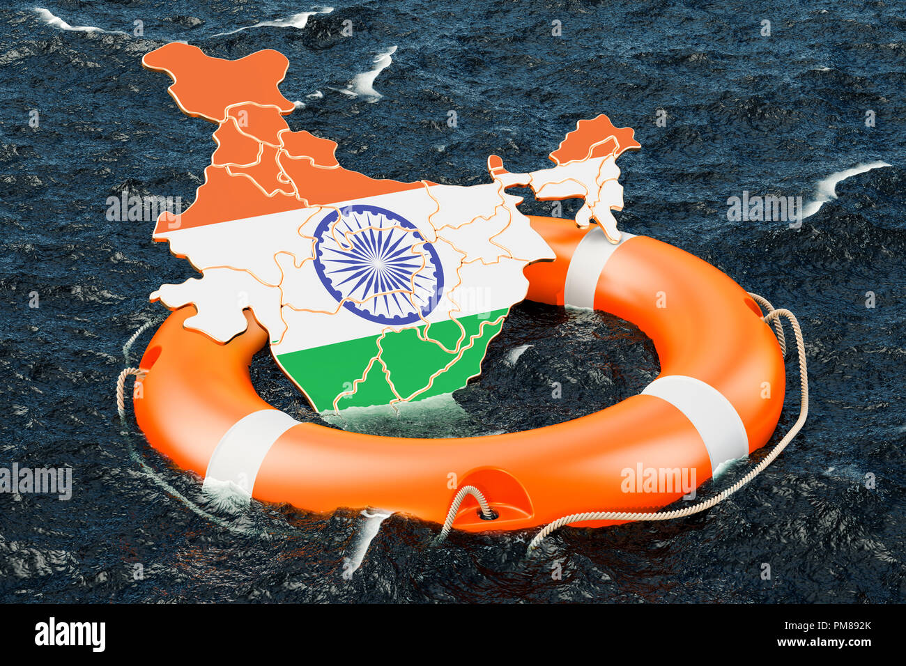 Rettungsring mit indischen Karte auf dem offenen Meer. Sicher, Hilfe und Konzept schützen. 3D-Rendering Stockfoto