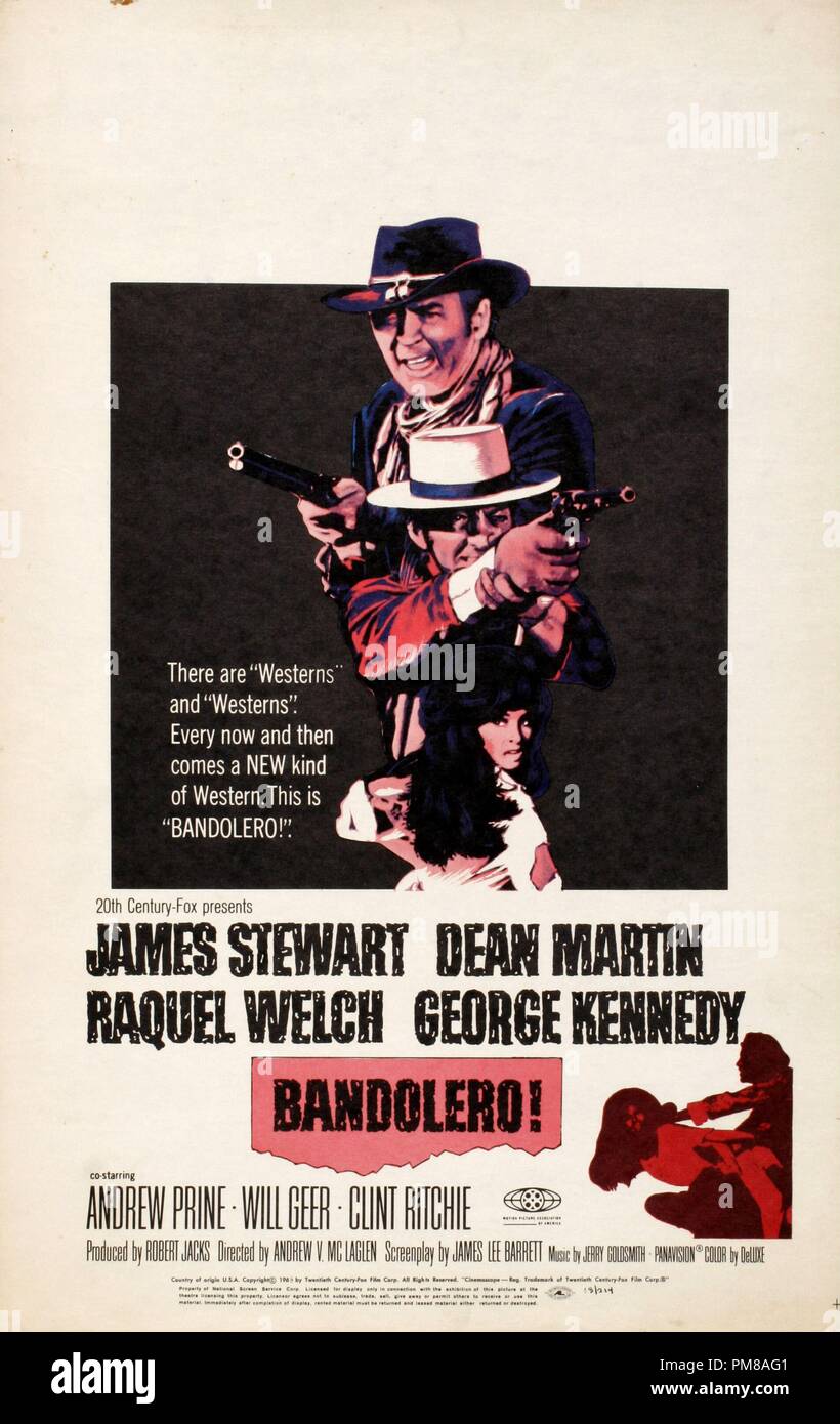 Studio Werbung: "Bandolero!', 1968 Twentieth Century Fox Film Corporation Poster James Stewart, Dean Martin, Raquel Welch, George Kennedy Datei Referenz # 31780 738 Stockfoto