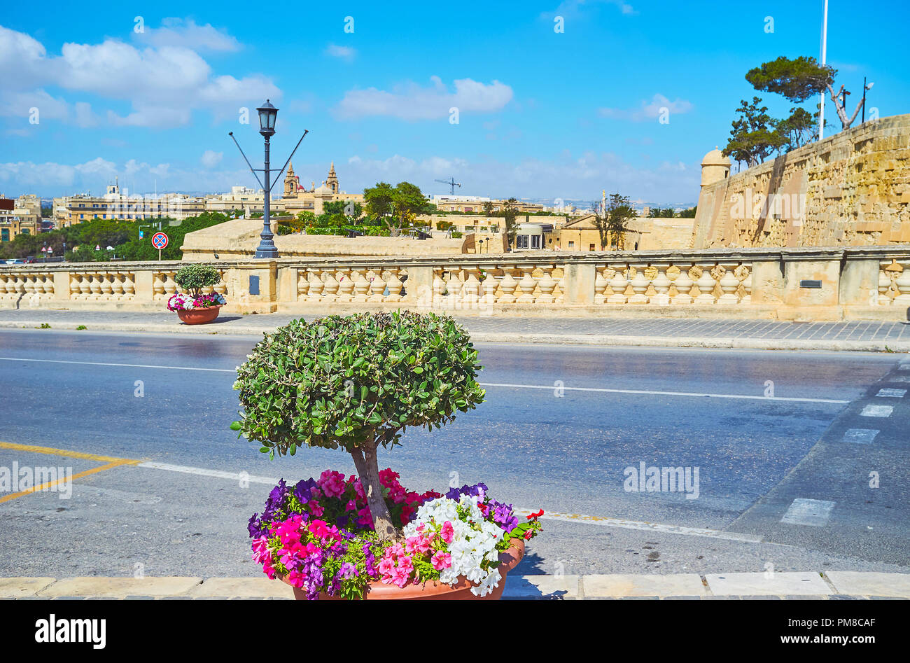 Die Girolamo Cassar Straße, anschließen und Floriana Valletta Städten, ist mit Pflanzen und Blumen in Töpfen dekoriert, benachbarten mit altmodischen Straße Stockfoto