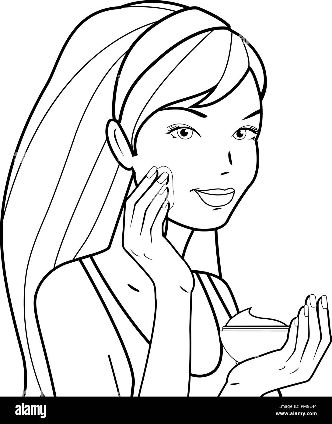 Vector Illustration einer schönen jungen Frau, die Feuchtigkeitscreme auf ihrem Gesicht. Vector schwarz und weiß Abbildung: Stock Vektor
