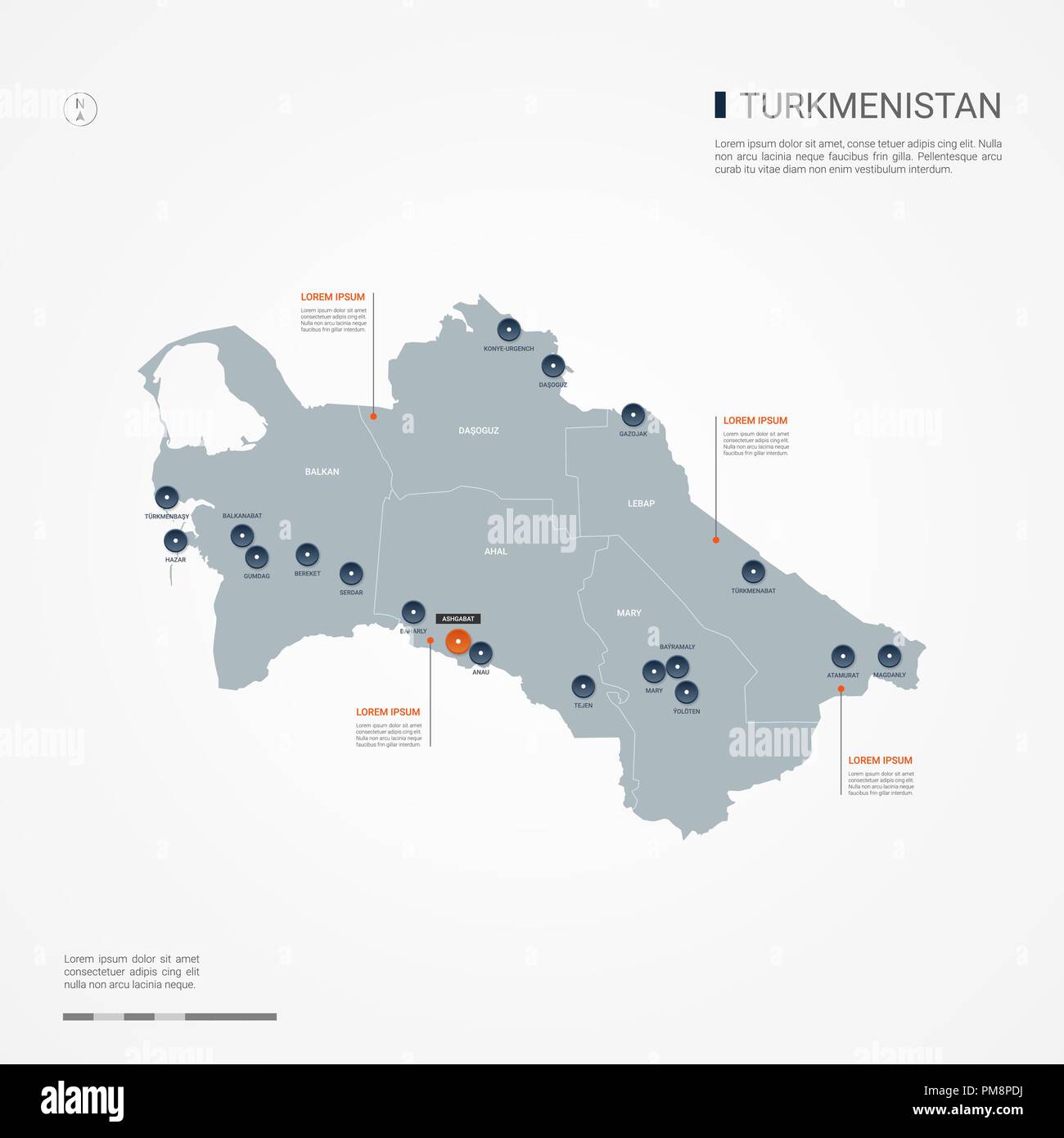 Turkmenistan Karte mit Grenzen, Städte-, Kapital- und administrativen Abteilungen. Infografik Vektorkarte. Bearbeitbare Layer deutlich gekennzeichnet. Stock Vektor
