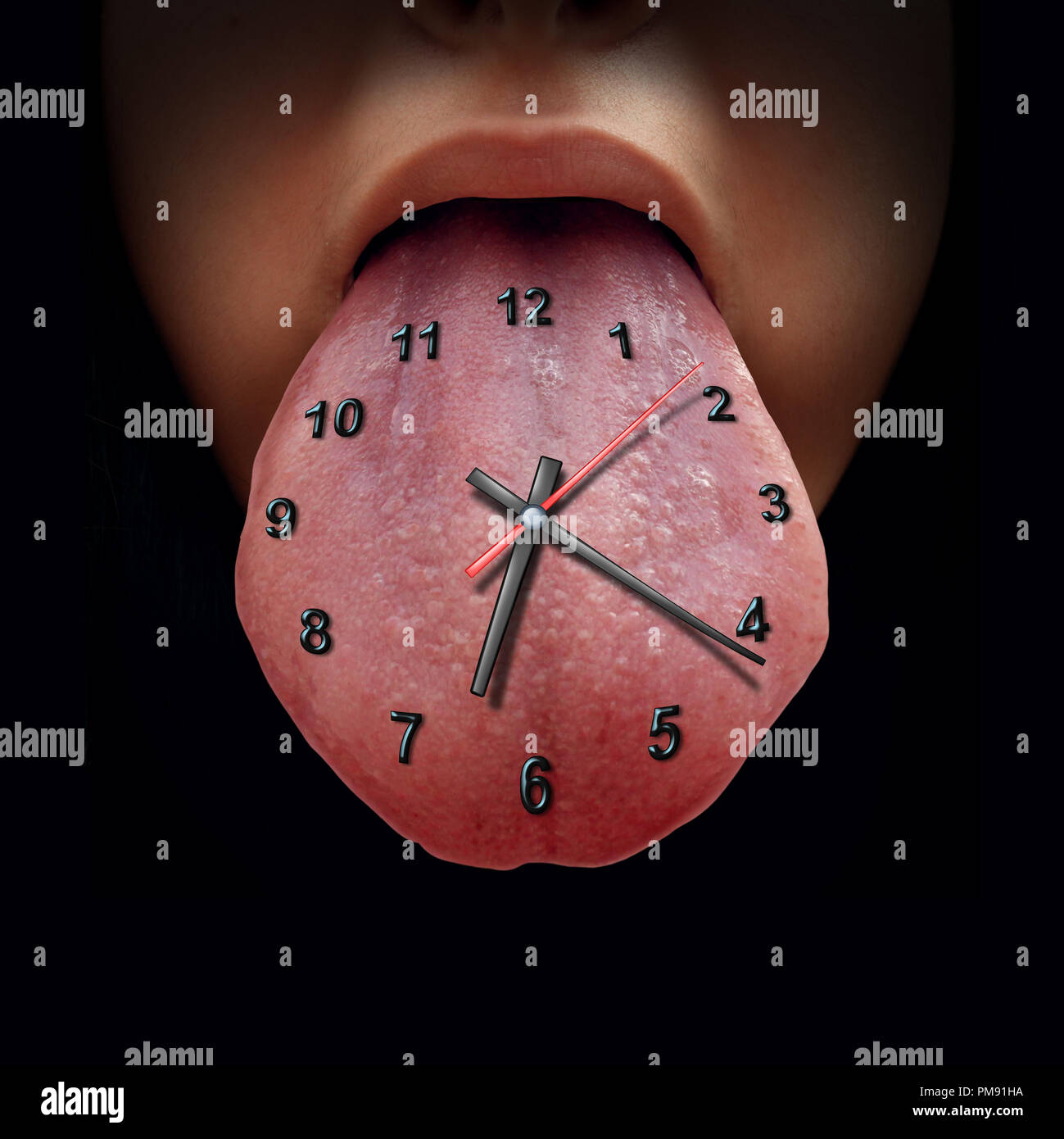 Essen und Ernährung oder Mahlzeit Planung Frühstück, Mittag- und Abendessen, eine Uhr auf eine menschliche Zunge mit 3D-Illustration Elemente. Stockfoto Essen und Ernährung oder Mahlzeit Planung Frühstück, Mittag- und Abendessen, eine Uhr auf eine menschliche Zunge mit 3D-Illustration Elemente. Stockfoto