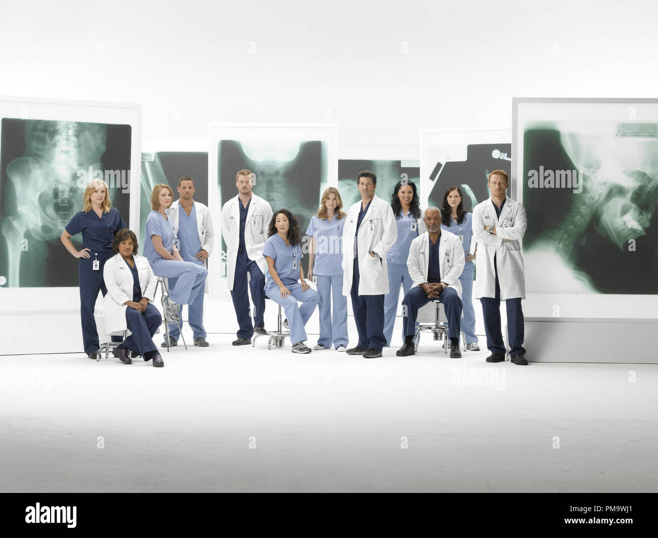 Grey's Anatomy - ABC's 'Grey's Anatomy' stars Eric Dane als Mark Sloan, Sara Ramirez als Callie Torres, Justin Chambers als Alex Karev, Jessica Capshaw als Arizona Robbins, Chyler Leigh als Lexie Grey, Patrick Dempsey als Derek Shepherd, Ellen Pompeo als Meredith Grey, James Pickens Jr. als Richard Webber, Sandra Oh als Cristina Yang, Kevin McKidd, die Owen Hunt, Chandra Wilson als Miranda Bailey und dem Rest der Besetzung. Stockfoto