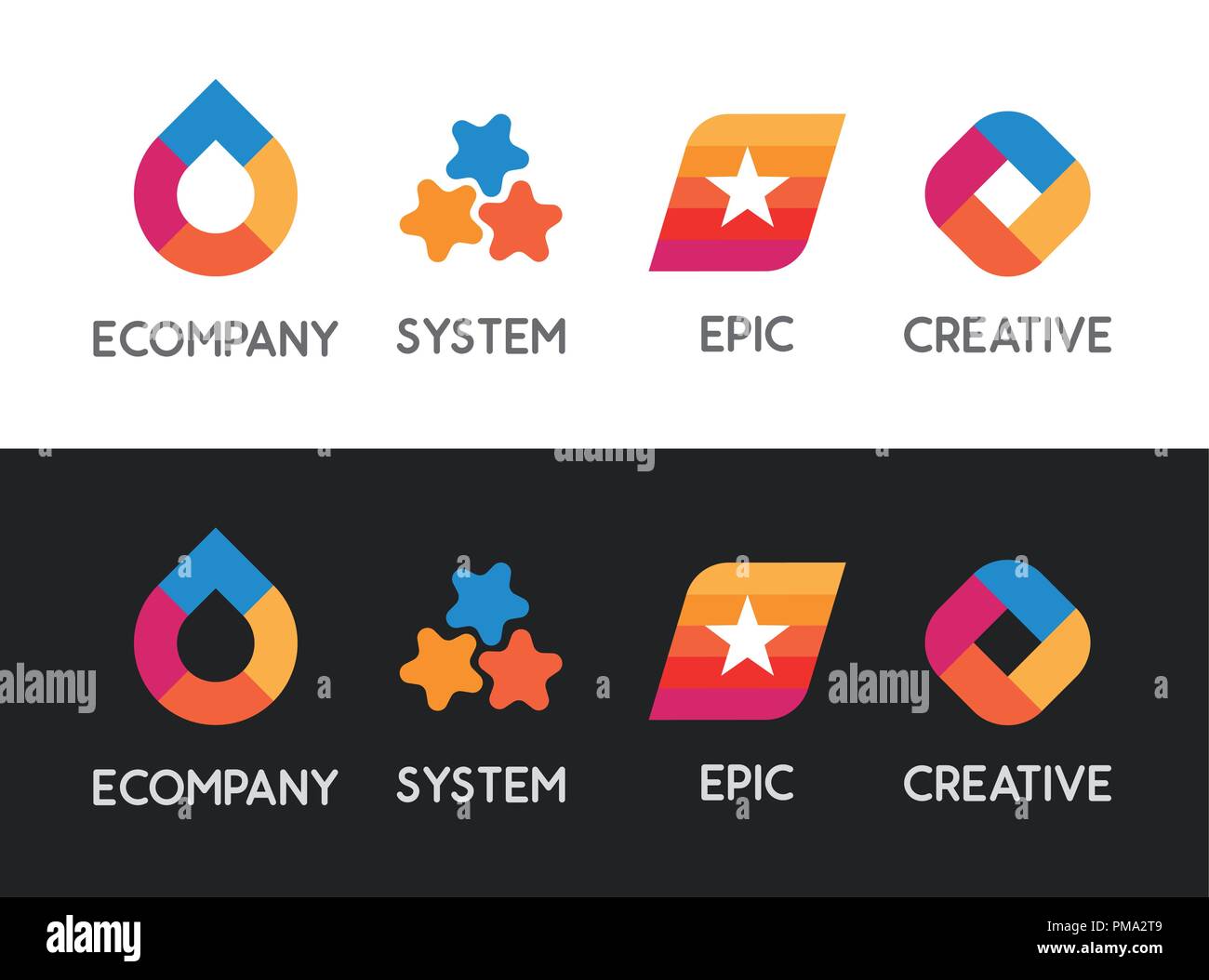 Bunte Reihe von Logos auf Weiß und Schwarz. Vektor schöne abstrakte Embleme Stock Vektor