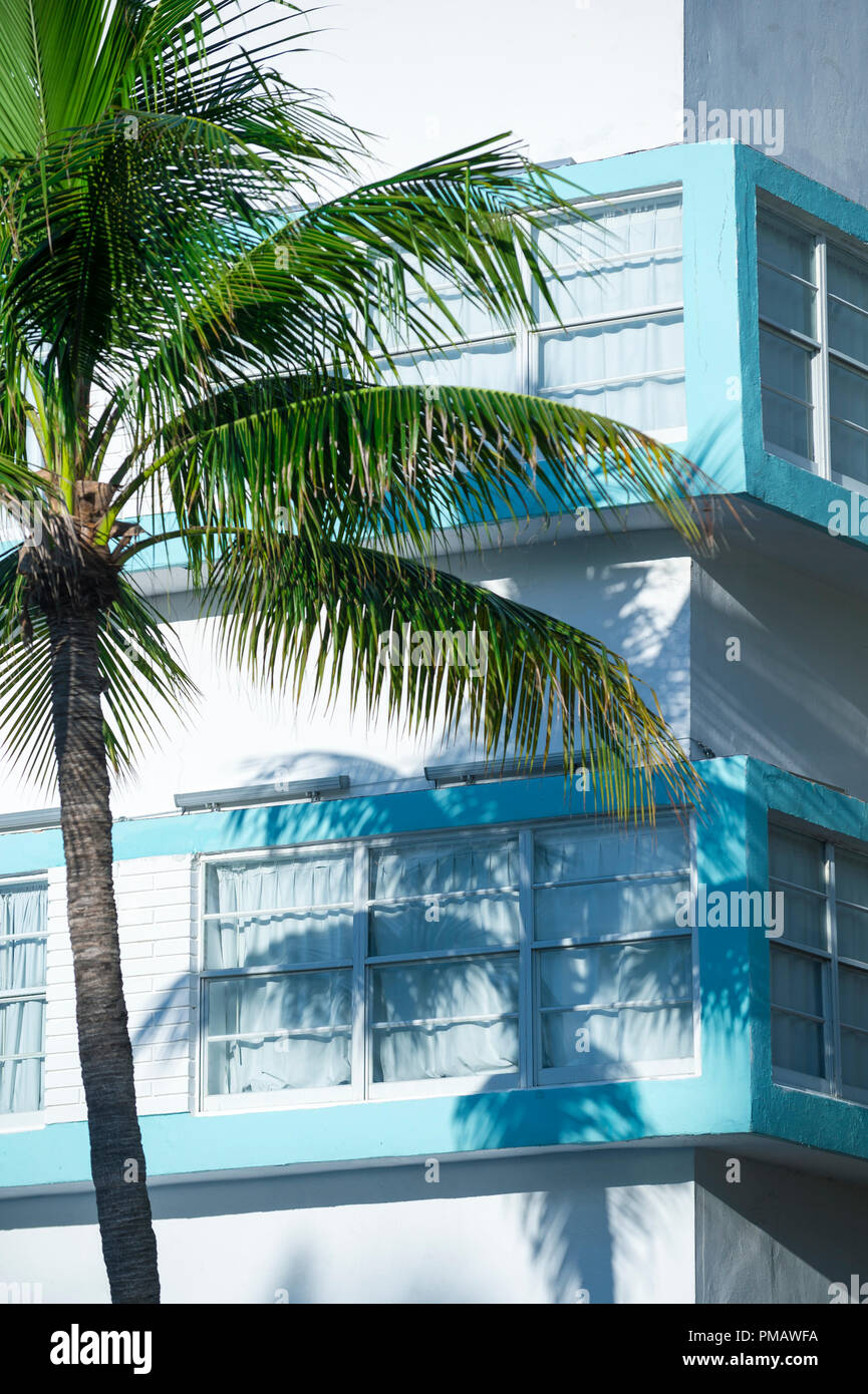 Typische pastell-colorfed 1930s Art Deco Architektur Detail mit Palmen in Miami, Florida Stockfoto