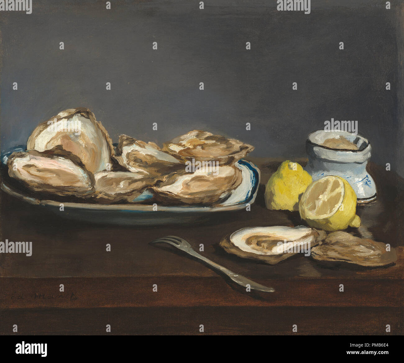 Austern. Stand: 1862. Maße: gesamt: 39,2 x 46,8 cm (15 5/6 x 18 5/6 in.) gerahmt: 60 x 67,6 x 8,9 cm (23 5/8 x 26 5/8 x 3 1/2 in.). Medium: Öl auf Leinwand. Museum: Nationalgalerie, Washington DC. Autor: Edouard Manet. Stockfoto
