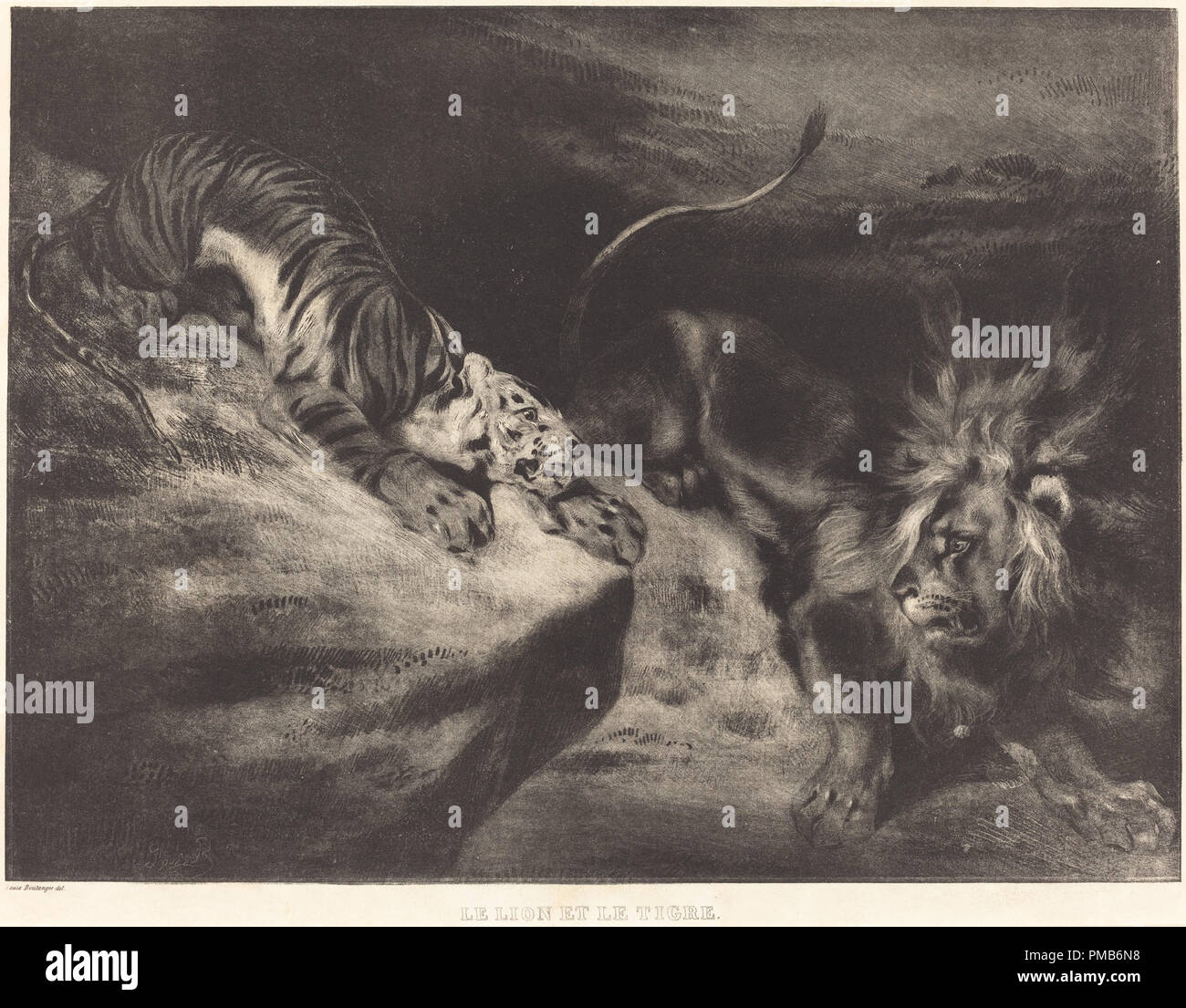Le Lion et le Tigre. Vom: C. 1830. Abmessungen: Bild: 22,6 x 30,5 cm (8 7/8 x 12 in.) Blatt: 30,8 x 45,1 cm (12 1/8 x 17 3/4 in.). Medium: Lithographie auf Webte Papier. Museum: Nationalgalerie, Washington DC. Autor: Louis-Candide Boulanger nach Eugène Delacroix. Stockfoto