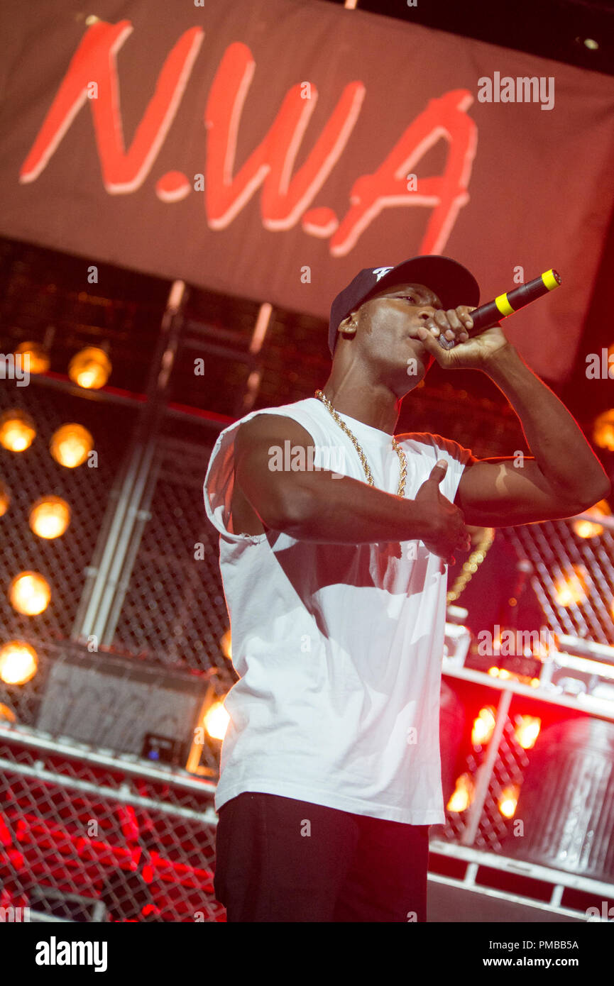 ALDIS HODGE als MC Ren in der "Straight Outta Compton". Unter uns zurück, wo alles begann, der Film erzählt die wahre Geschichte, wie diese kulturellen Rebellen bewaffnet nur mit ihren Texten, Prahlerei, Mut und rohes Talent bis zu den Behörden das bedeutete, sie unten zu halten Stand und bildeten die gefährlichste Gruppe der Welt, N.W.A. Stockfoto