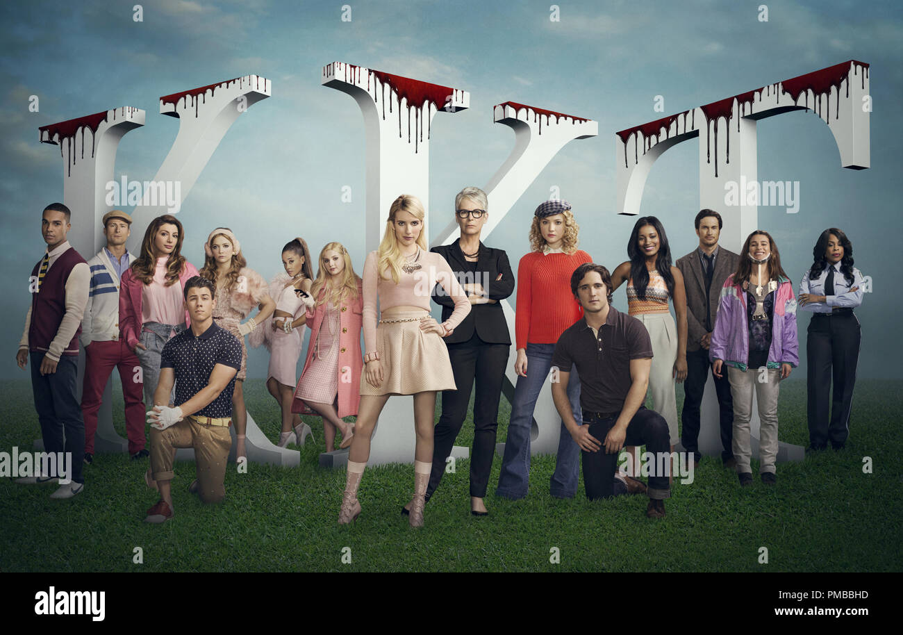 Cast dargestellt. L-R: Lucien Laviscount, Glen Powell, Nasim Pedrad, Nick Jonas, Billie Lourd, Ariana Grande, Abigail Breslin, Emma Roberts, Jamie Lee Curtis, Skyler Samuels, Diego Boneta, Keke Palmer, Oliver Hudson, Lea Michele und Niecy Nash in SCREAM QUEENS Staffel 1 Stockfoto
