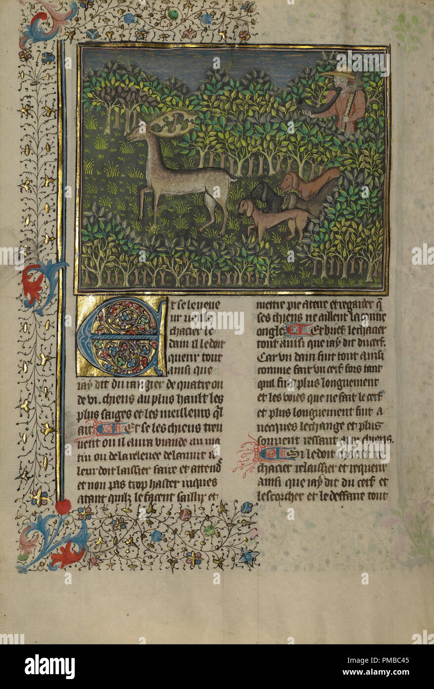 Ein Jäger und Hunde verfolgen einen Damwild. Datum/Zeit: Ca. 1430 - 1440. Folio. Tempera Farben, Gold Farbe silber Lack, und Blattgold auf Pergament. Höhe: 264 mm (10.39 in); Breite: 184 mm (7.24 in). Autor: Unbekannt. Stockfoto