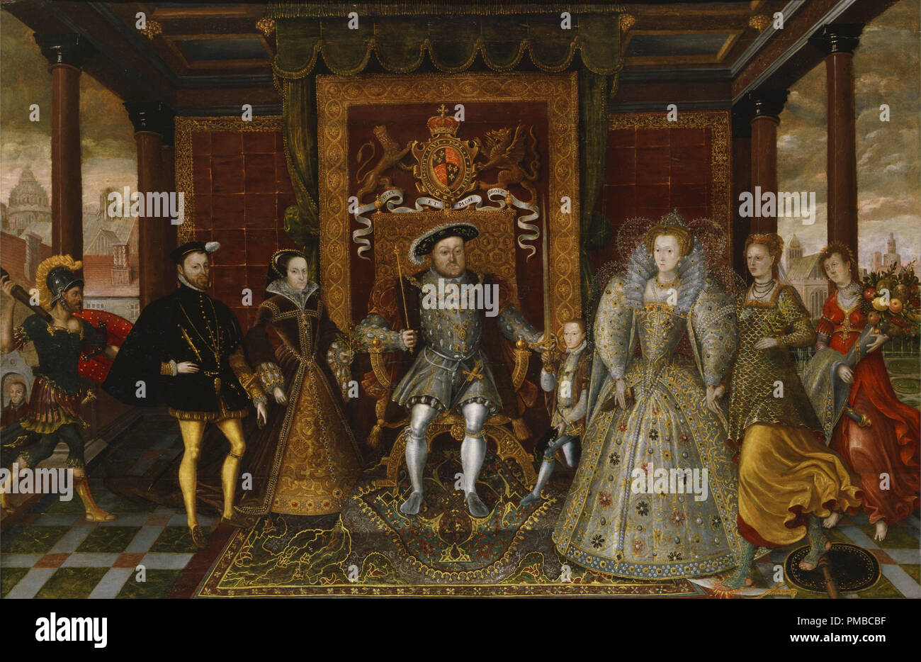 Eine Allegorie des Tudor. Folge: Die Familie von Henry VIII. Datum/Zeit: Ca. 1590. Malerei. Öl auf Leinwand. Höhe: 1143 mm (45 in); Breite: 1.822 mm (71.73 in). Autor: Unbekannt. Stockfoto