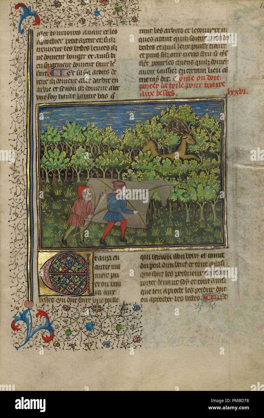 Bogenschützen hinter einem Mock Kuh Annäherung an Rotwild. Datum/Zeit: Ca. 1430 - 1440. Folio. Tempera Farben, Gold Farbe silber Lack, und Blattgold auf Pergament. Höhe: 264 mm (10.39 in); Breite: 184 mm (7.24 in). Autor: Unbekannt. Stockfoto