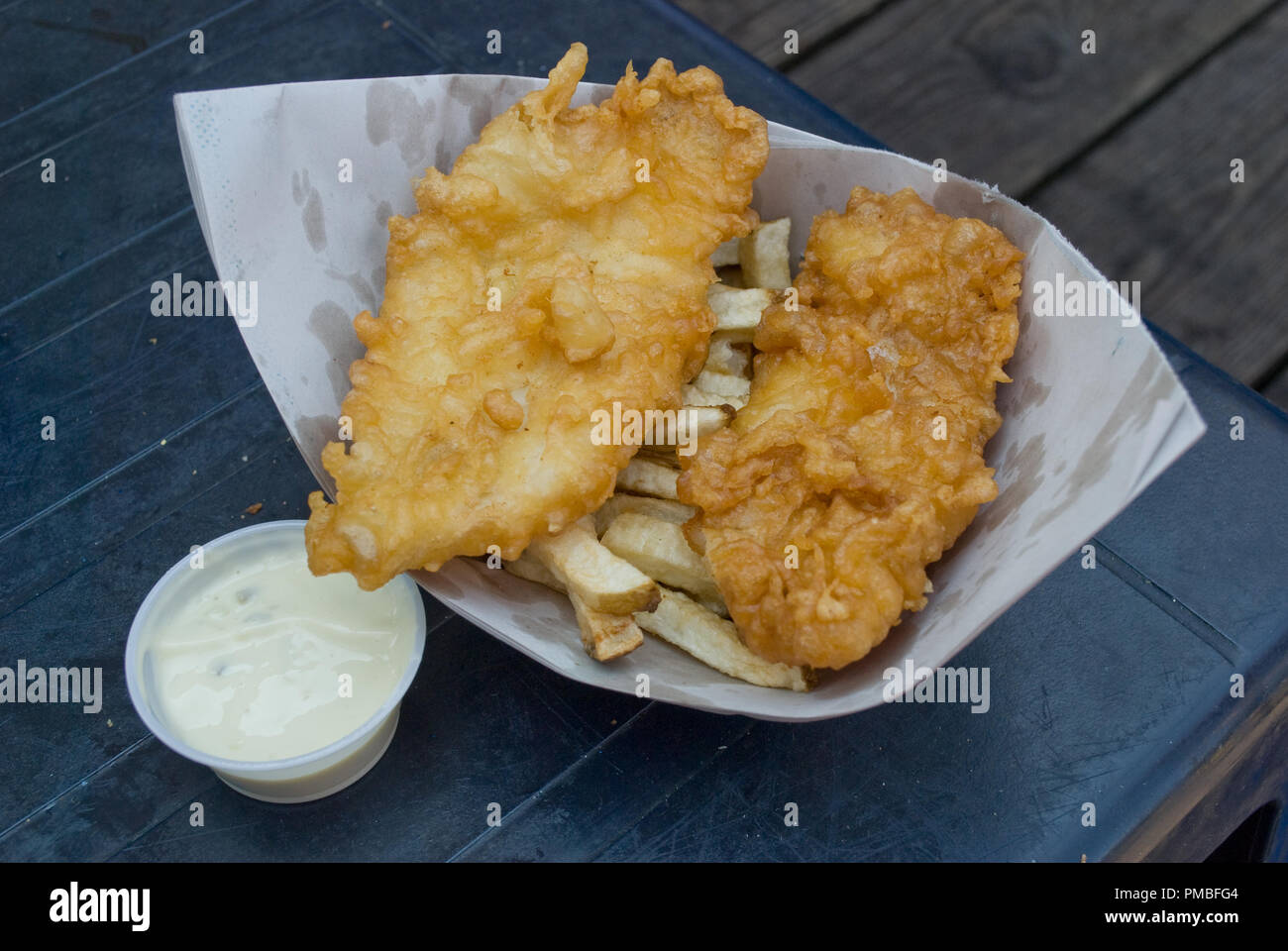 Fisch und Chips in der Nähe des Fischerdorfes Steveston, Britisch, Kolumbien, Kanada auf den Fraser River in der Nähe von Vancouver. Stockfoto