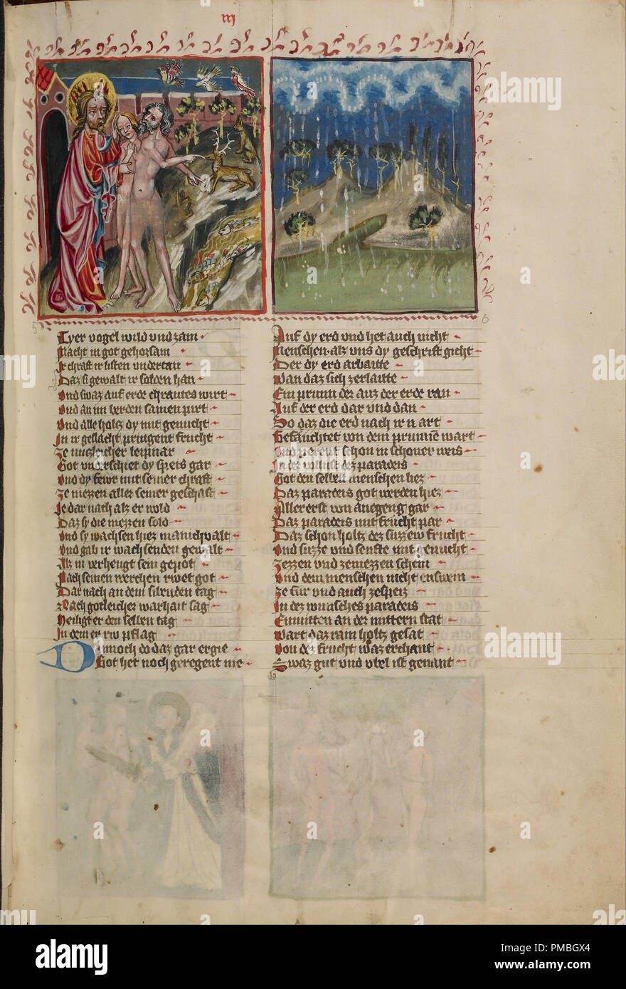 Gott mit Adam und Eva, den ersten Regen im Paradies. Datum/Zeit: Ca. 1400 - 1410 zusätzlich in 1487. Folio. Tempera Farben, gold, silber Lack, und Tusche auf Pergament. Höhe: 335 mm (13.18 in); Breite: 235 mm (9,25 in). Autor: Unbekannt. Stockfoto