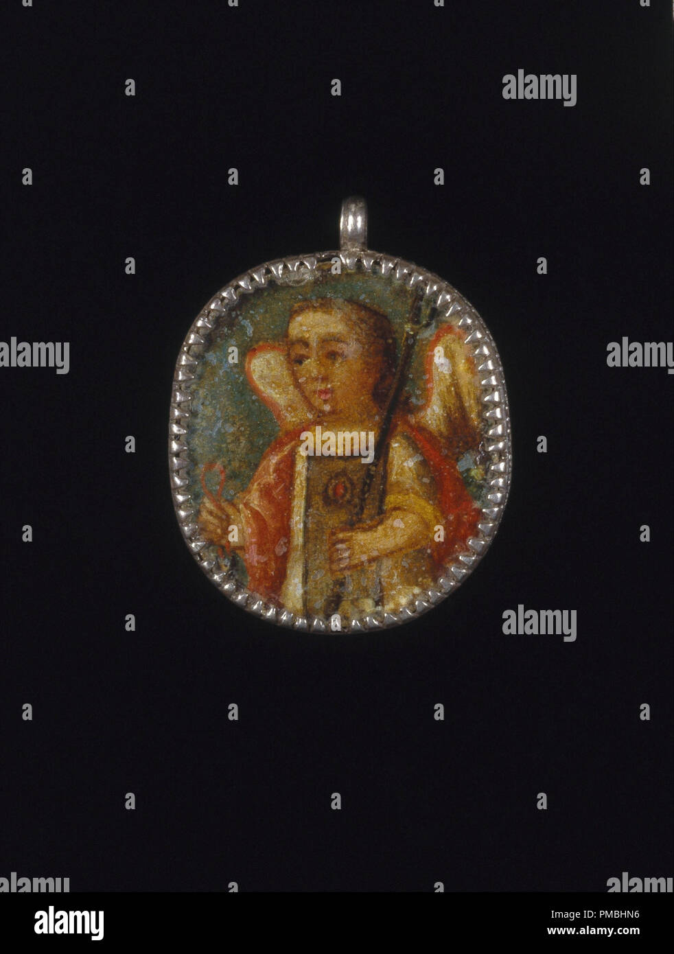 Bemalt Medaillon Medaillon im Rahmen, Recto: Engel, Verso: Hl. Barbara mit Attributen einer Burg Toiwer und Märtyrer Palme Wedel. Datum/Zeitraum: 18. bis 19. Jahrhundert. Öl auf Metall in Silber Rahmen. Autor: Unbekannt. Stockfoto