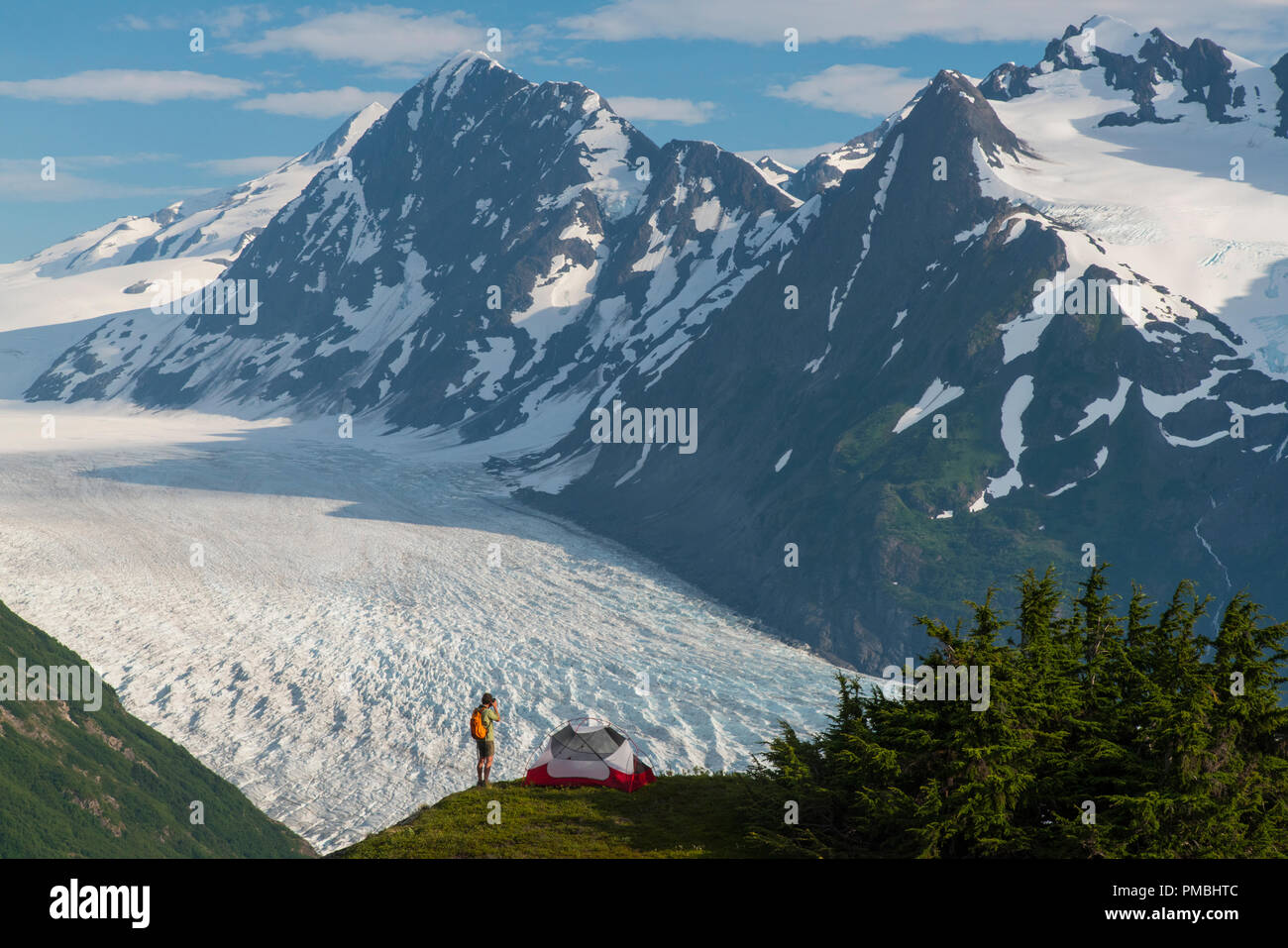 Rucksacktour auf den Spencer Gletscher Sitzbank, Chugach National Forest, Alaska. Stockfoto