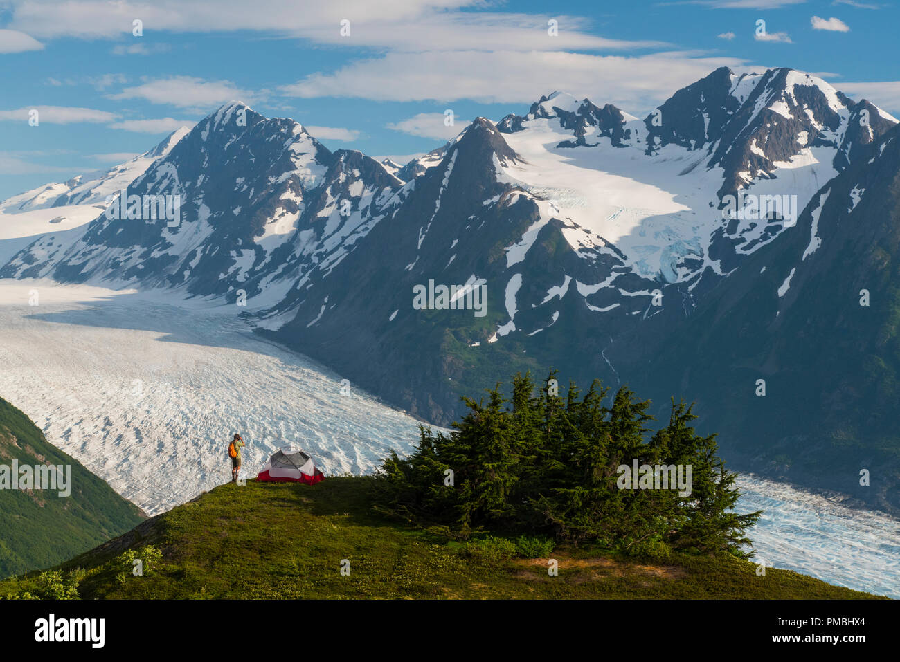 Rucksacktour auf den Spencer Gletscher Sitzbank, Chugach National Forest, Alaska. Stockfoto
