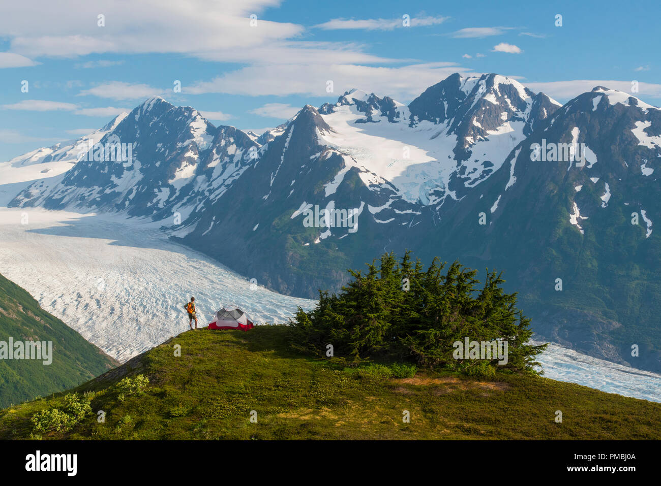 Rucksacktour auf den Spencer Gletscher Sitzbank, Chugach National Forest, Alaska. Stockfoto