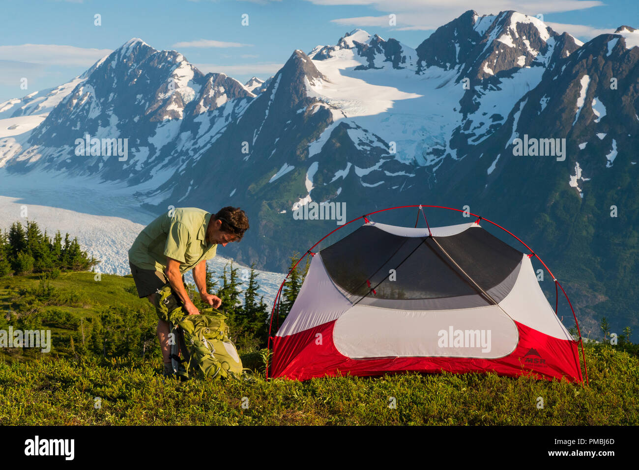Rucksacktour auf den Spencer Gletscher Sitzbank, Chugach National Forest, Alaska. Stockfoto