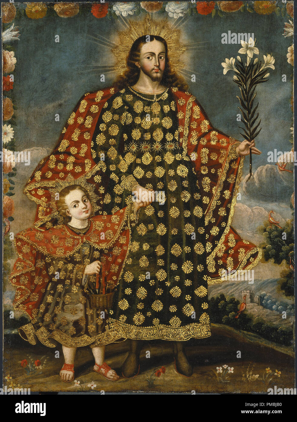 Saint Joseph und das Jesuskind. Datum/Zeitraum: Ende 17.-18.Jahrhundert. Malerei. Öl auf Leinwand. Autor: CUZCO SCHULE. Stockfoto