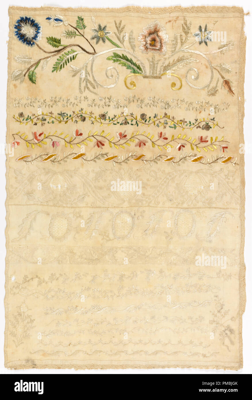 Sampler. Datum/Zeit: 18. Sampler. Medium: Stickereien, Seide und Leinen Leinen Stiftung. Technik: Satin, Stammzellen und split Stiche mit drawnwork auf in Leinwandbindung. Autor: Unbekannt. Stockfoto
