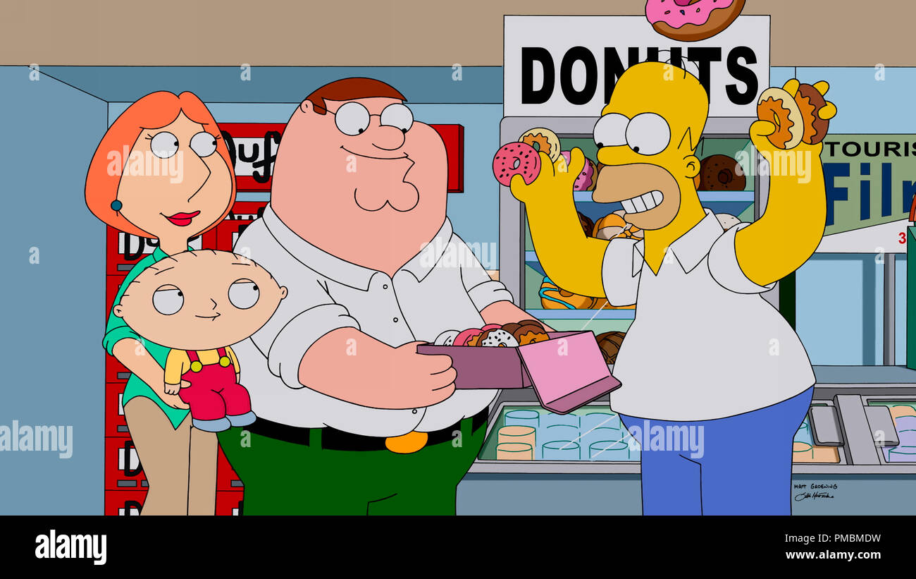 Lois, Stewie und Peter Griffin, Homer Simpson, "Family Guy", Saison 12. Stockfoto