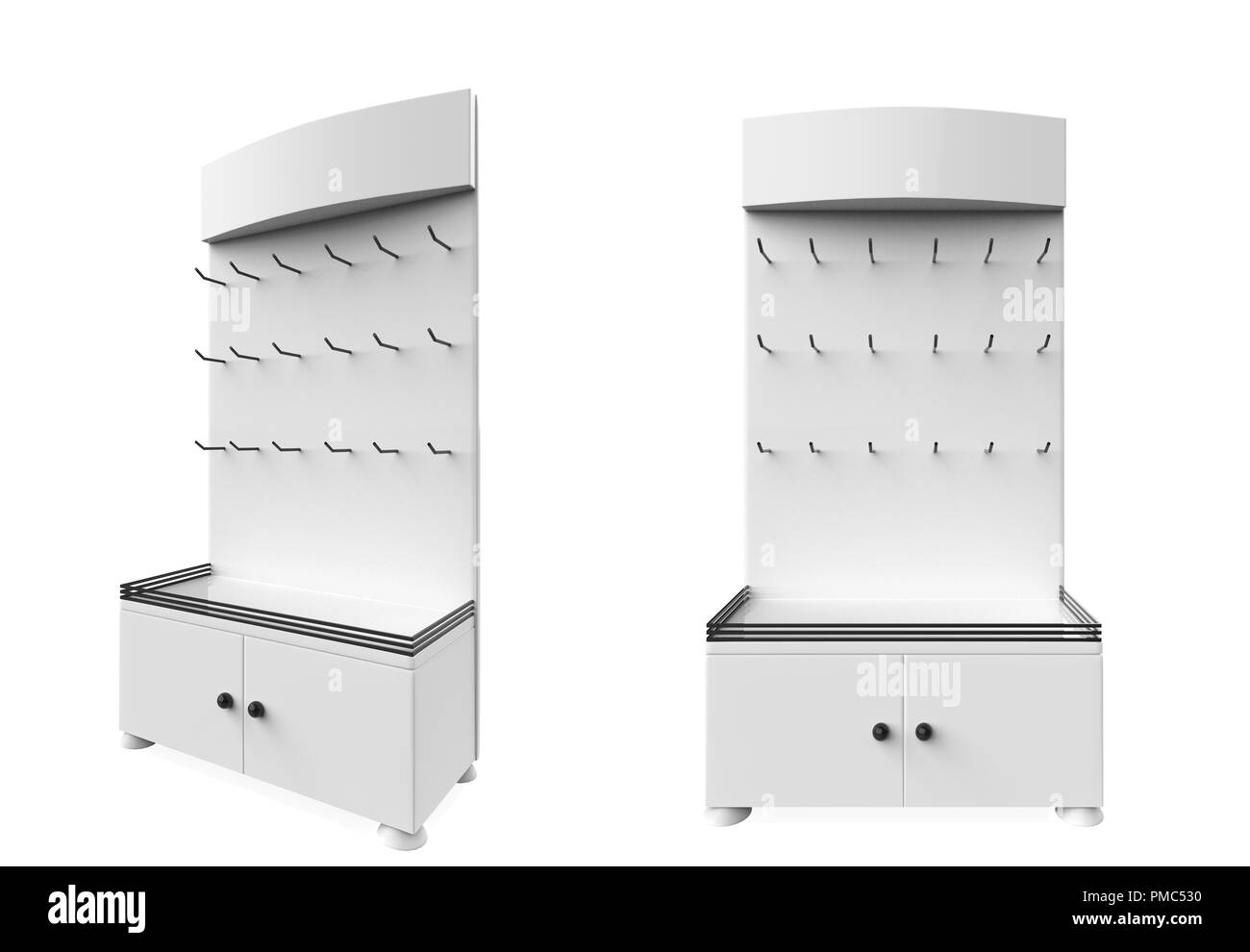 Telefon Zubehör Ständer, retail Display stand mit Haken für Produkt-, Anzeige steht auf weißem Hintergrund. 3D-Darstellung Stockfoto