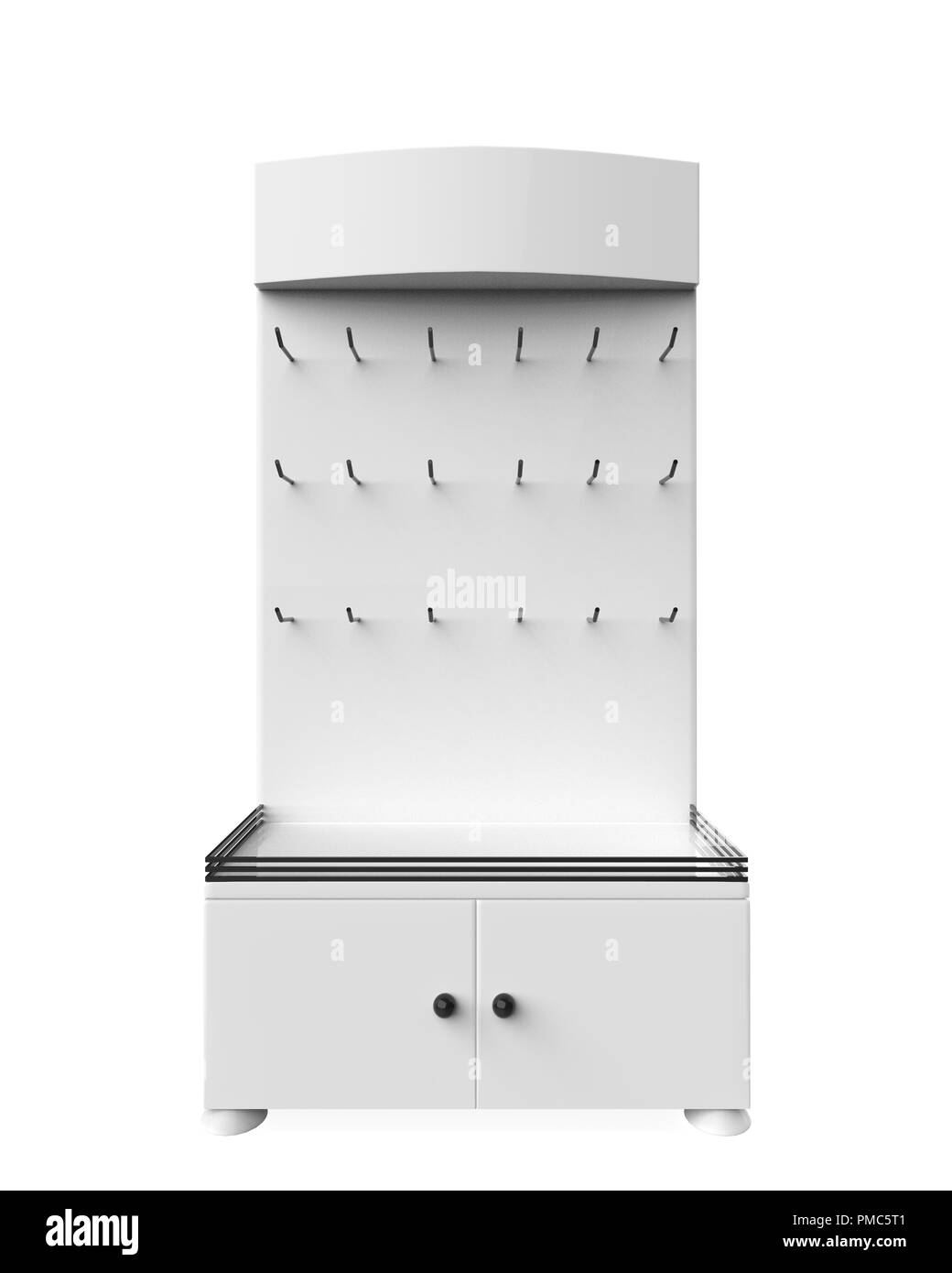 Telefon Zubehör Ständer, retail Display stand mit Haken für Produkt-, Anzeige steht auf weißem Hintergrund. 3D-Darstellung Stockfoto