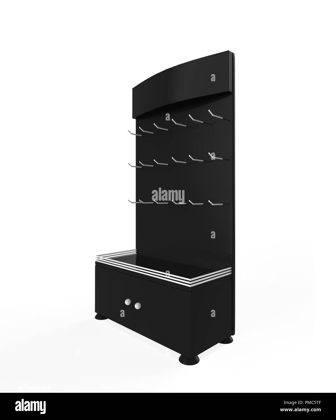 Telefon Zubehör Ständer, retail Display stand mit Haken für Produkt-, Anzeige steht auf weißem Hintergrund. 3D-Darstellung Stockfoto