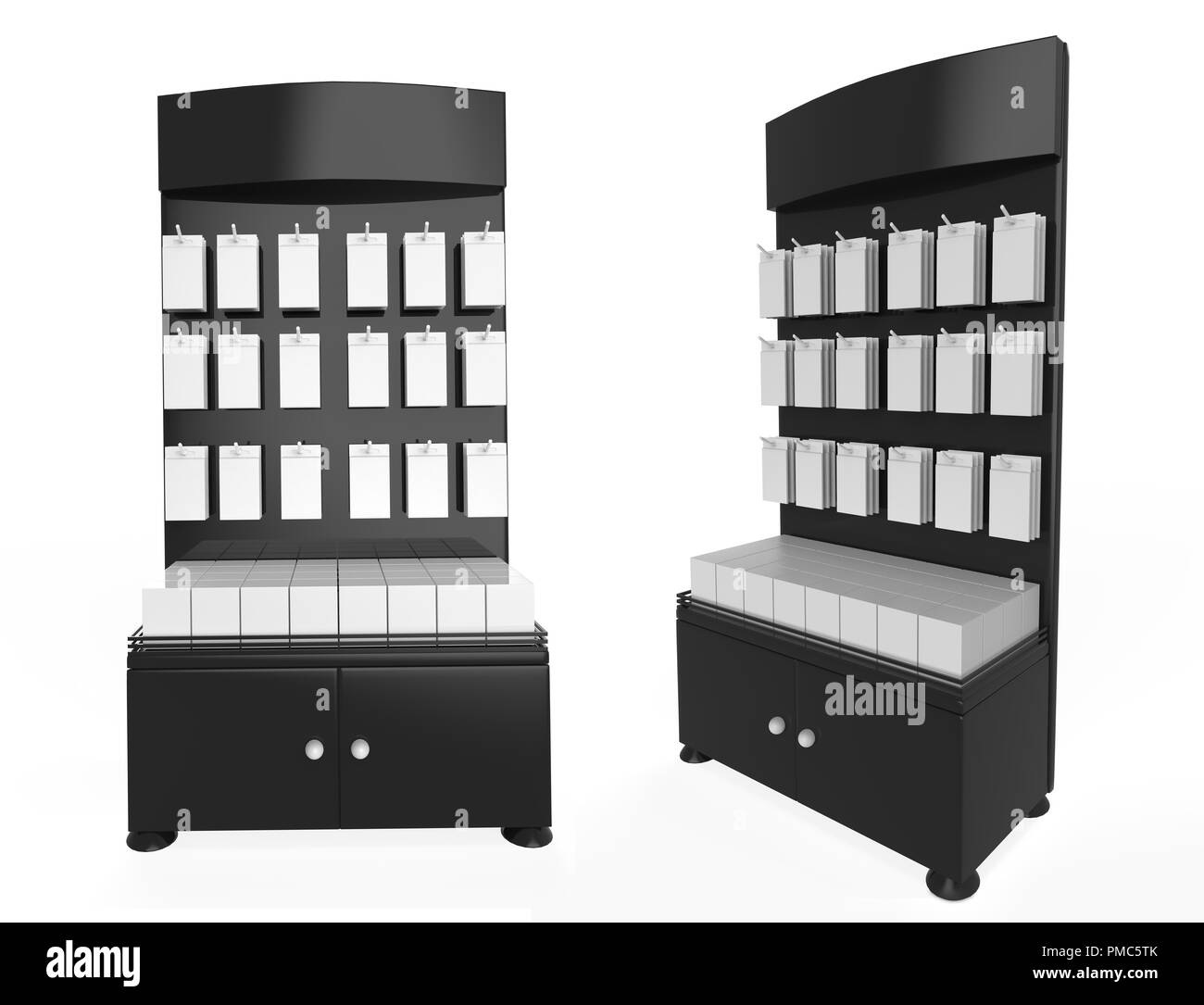 Telefon Zubehör Ständer, retail Display stand mit Haken für Produkt-, Anzeige steht auf weißem Hintergrund. 3D-Darstellung Stockfoto