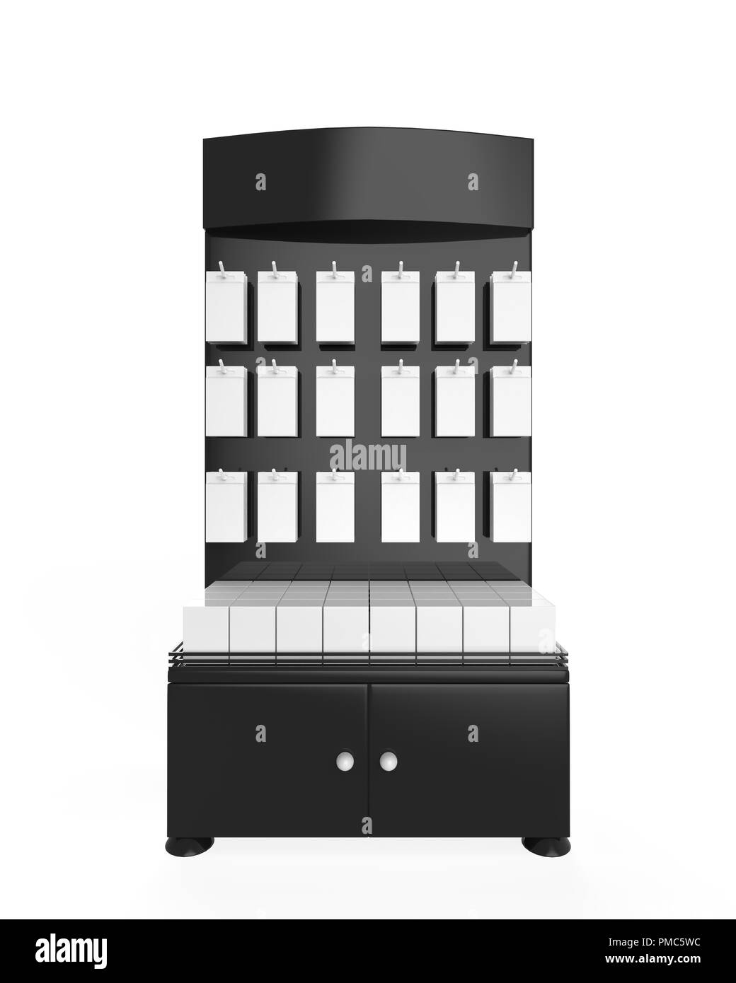 Telefon Zubehör Ständer, retail Display stand mit Haken für Produkt-, Anzeige steht auf weißem Hintergrund. 3D-Darstellung Stockfoto