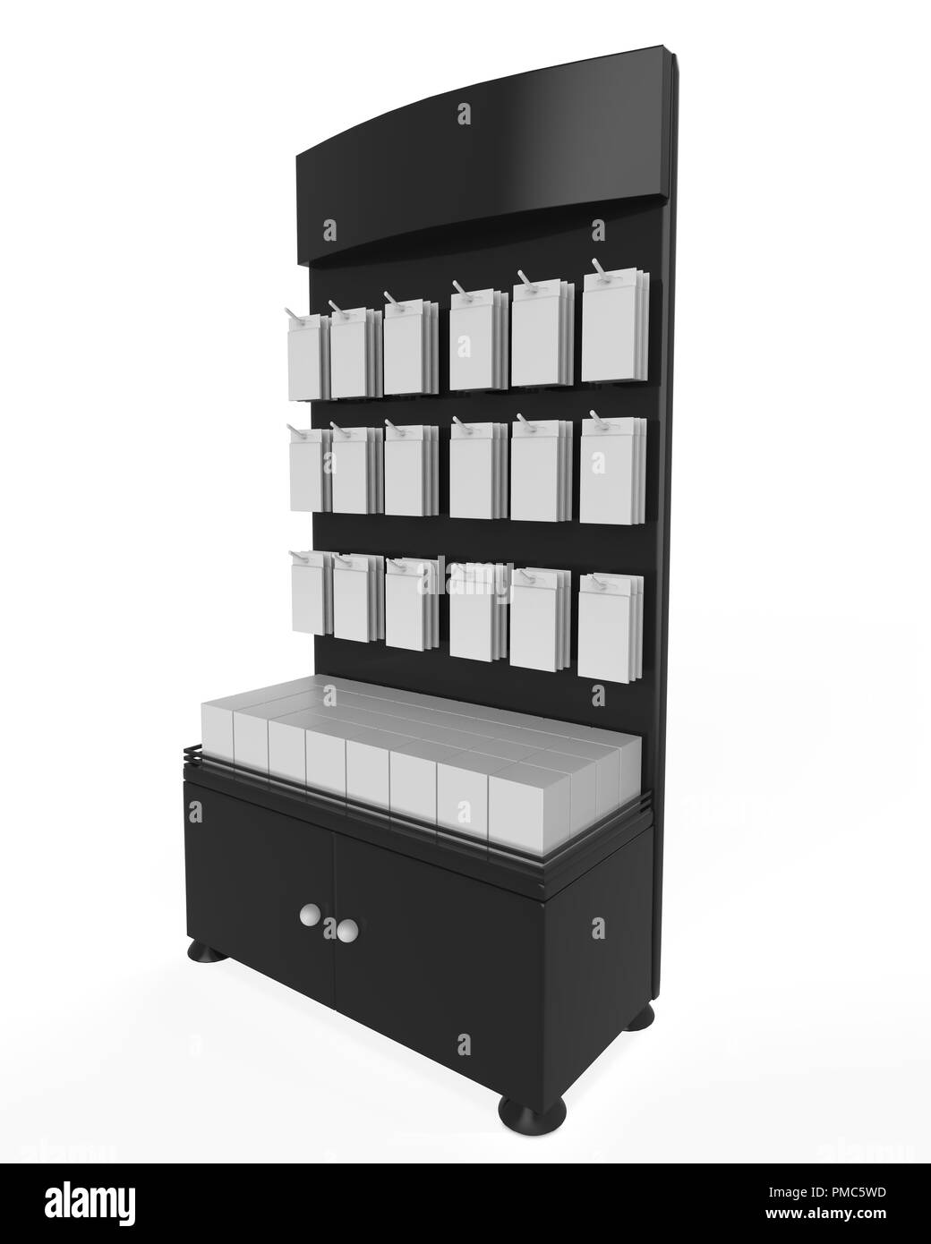 Telefon Zubehör Ständer, retail Display stand mit Haken für Produkt-, Anzeige steht auf weißem Hintergrund. 3D-Darstellung Stockfoto