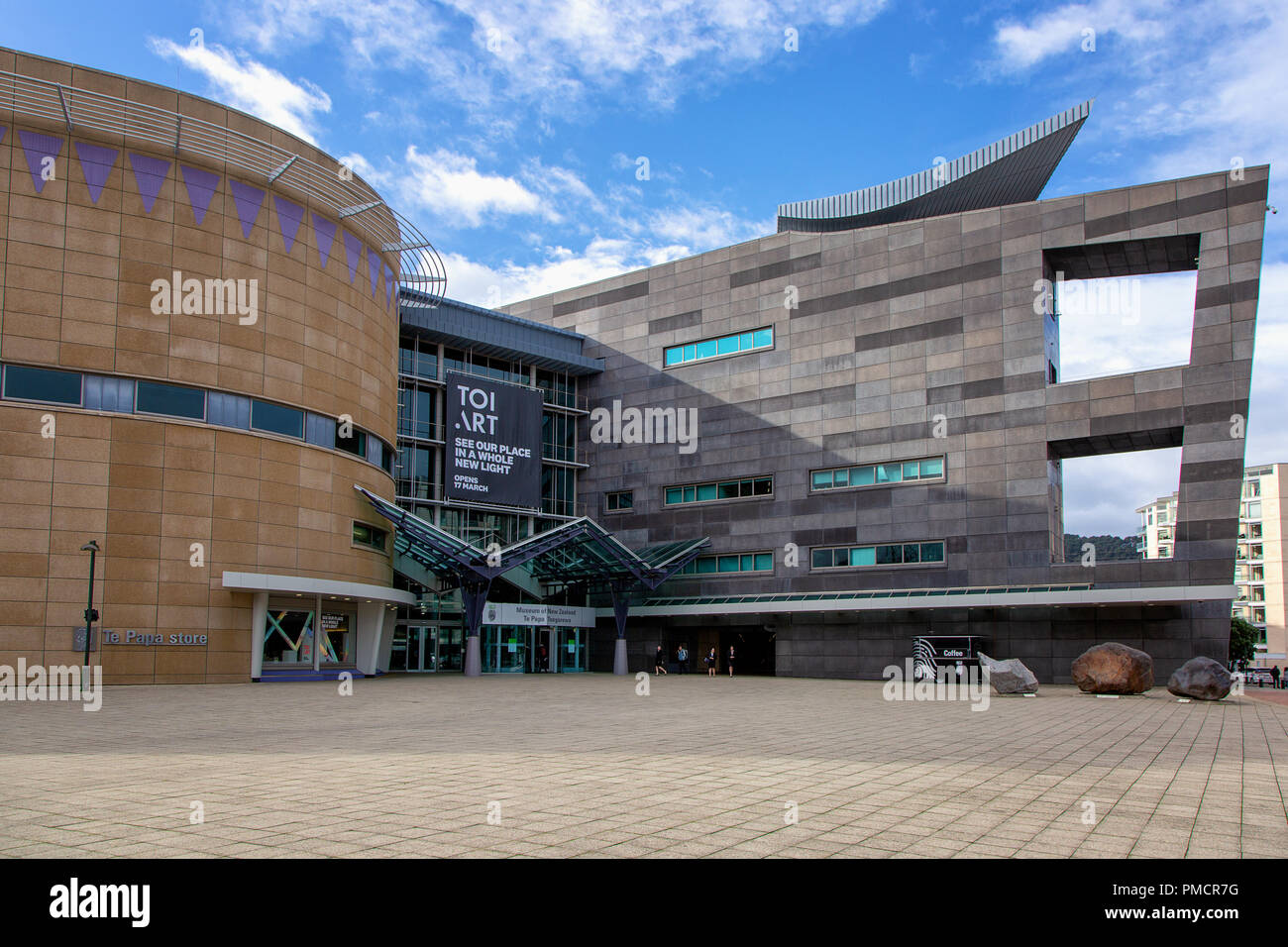 Das Nationalmuseum von Neuseeland Te Papa Tongarewa Haupteingang in der Hauptstadt Wellington, Nordinsel Stockfoto