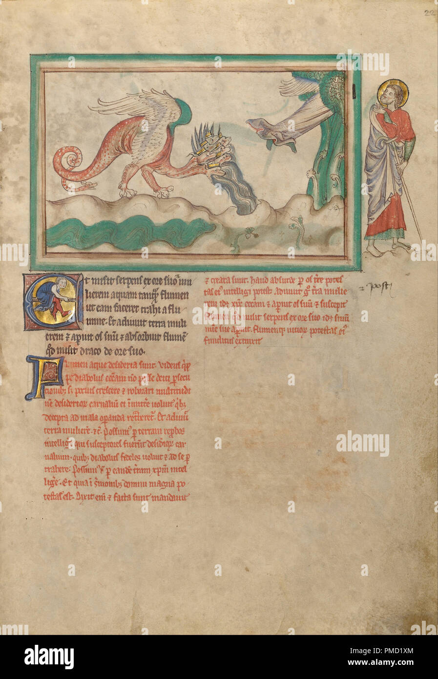 Der Drache schleudert das Wasser nach dem in der Sonne bekleidete Frau Datum/Zeit: Ca. 1255 - 1260. Folio. Tempera Farben, Blattgold, farbige wäscht, Feder und Tinte auf Pergament. Höhe: 319 mm (12.55 in); Breite: 225 mm (8,85 in). Autor: Unbekannt. Stockfoto