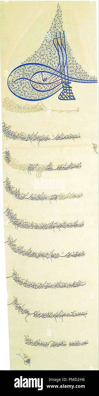 Berat (Imperial rechtfertigen die Erteilung einer Berechtigung) von Sultan Murad III (r. 1574-1595). Datum/Zeitraum: 1575. Tinte, Farben und Gold auf Papier. Höhe: 1.303 mm (30.59 in); Breite: 335 mm (13.18 in). Thema: Unbekannter Schreiber. Stockfoto