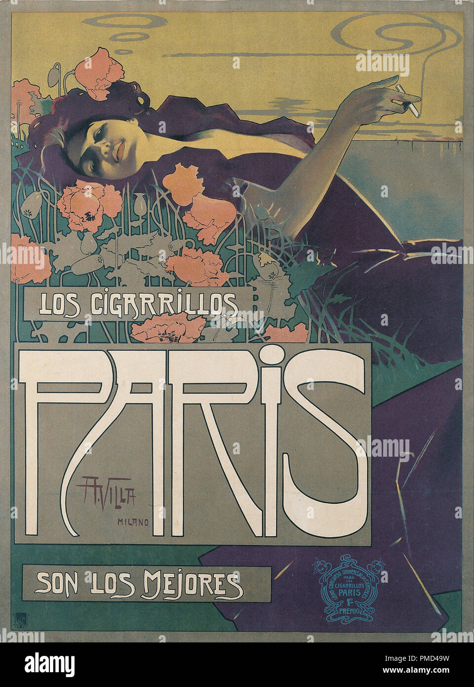 Zigarillos Paris. Datum/Zeitraum: 1901. Plakat. Farblithographie auf Papier. Höhe: 1260 mm (49.60 in); Breite: 935 mm (36.81 in). Autor: ALEARDO VILLA. VILLA, ALEARDO. Stockfoto